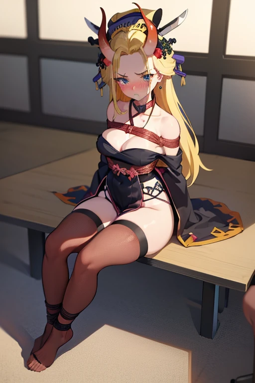 gefesselte Arme, (Arms behind the back:1.5), (blush:1.8), ((gefesselte Handgelenke, Ankle with rope)), ((Arms behind the back)), ((Shibari over clothing)), Fesselung mit Seil, 4k quality, verlegener gesichtsausdruck, anatomisch perfekt, blackmaria, lipstick, hair stick, hair flower, horns, japanese clothes, black kimono, off shoulder, earrings, cleavage, (sitting in a classroom:1.6), (full body:1.6), horny