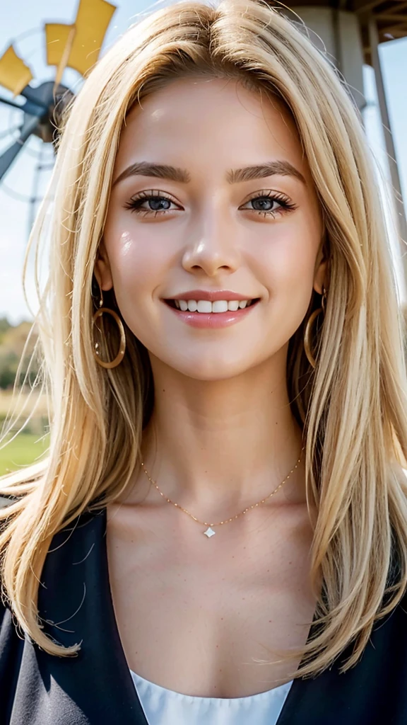 1 25 years old beautiful woman with casual cute hairstyle, A photo of her taken with a large windmill and a huge tulip field in the background, Real raw photo with super detailed details, (Beautiful smooth glossy bright blonde hair woman), A very beautiful bright blonde woman, She blushes and laughs with love, Her face is turned upwards, (Well-cared for beautiful bright blonde hair), 16K Ultra Realistic Portrait taken in super wide angle, She is slim figure top model and famous movie actress, (She has very fine smooth and white skin), Breast enhancement, ((((1 European bright blonde woman)))), (The bright blonde eyebrows are slightly rounded shape), She has bittersweet feeling,  Droopy eyes are moist and super thinly opened, Eyes drawn with precision in every detail, Form a gentle curve from cheek to chin, Her thick plump and shiny big lips are half-opened, A person in the center left and right:1.0, The whole head is shown, She is wearing dark colored blouse and simple earrings and a simple necklace, Perfect natural makeup, Professional lighting like movies in her bedroom