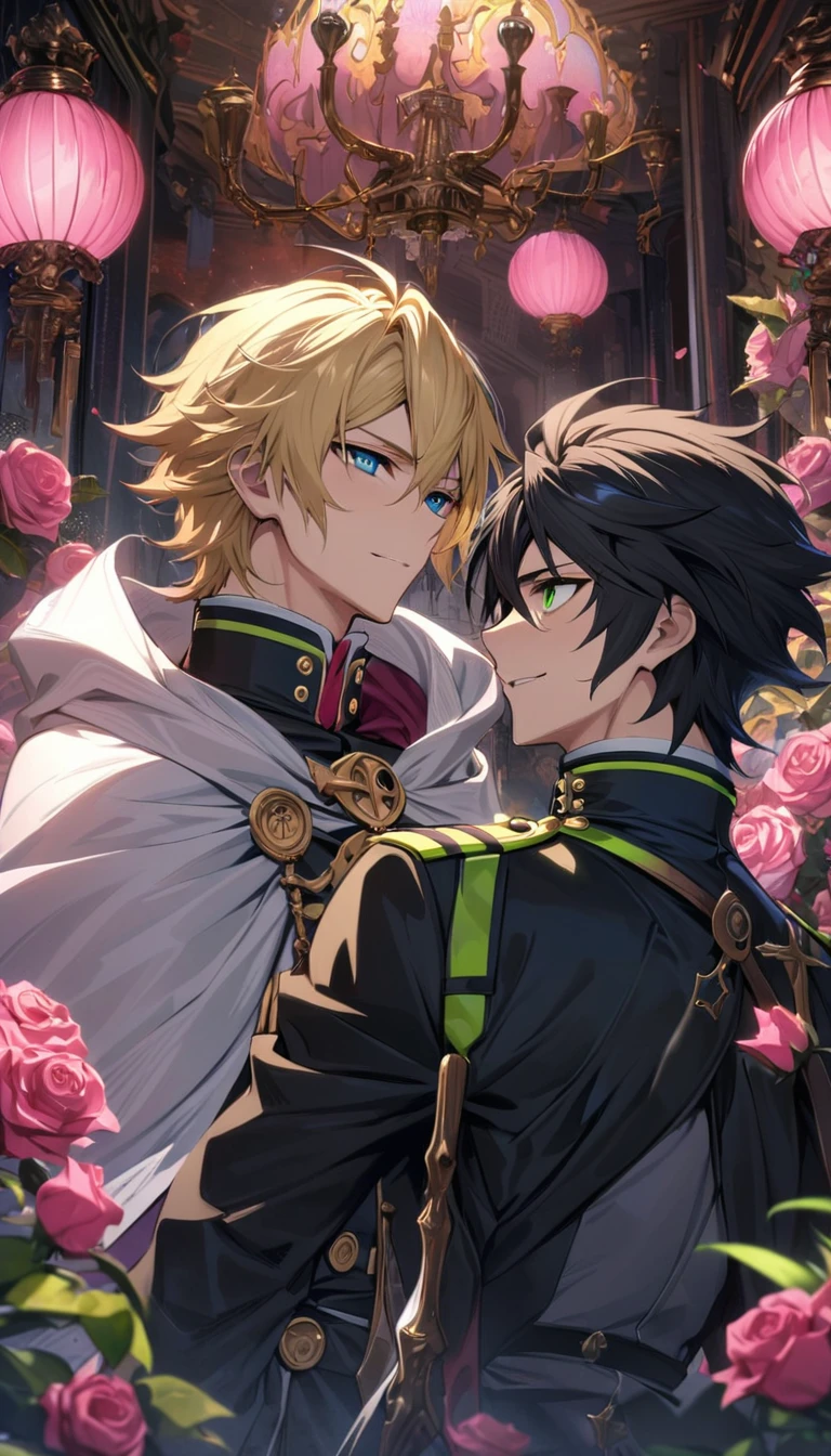 absurdres, highres, ultra detailed, HDR, masterpiece, extremely detailed face and eyes, beautiful eyes, amazing detailed eyes, extremely detailed features, Hyakuya Mika, blond hair, expressive blue eyes, Owari No Seraph, Hyakuya Yu, black hair, expressive green eyes, two men together, gay couple, handsome, fantasy world, pink roses, pink curtains, shining pink lanterns, pink moon, white and black clothes, black and white cape, patterns