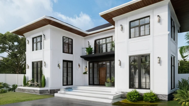 exterior house, contemporary style, white wall, wood wall, wood door, glass window, (realistic:1.2), Masterpiece, high quality, best quality, authentic, super detail, outdoors,road,pavement, grass, trees, sky, cloud, (daylight:1.1)