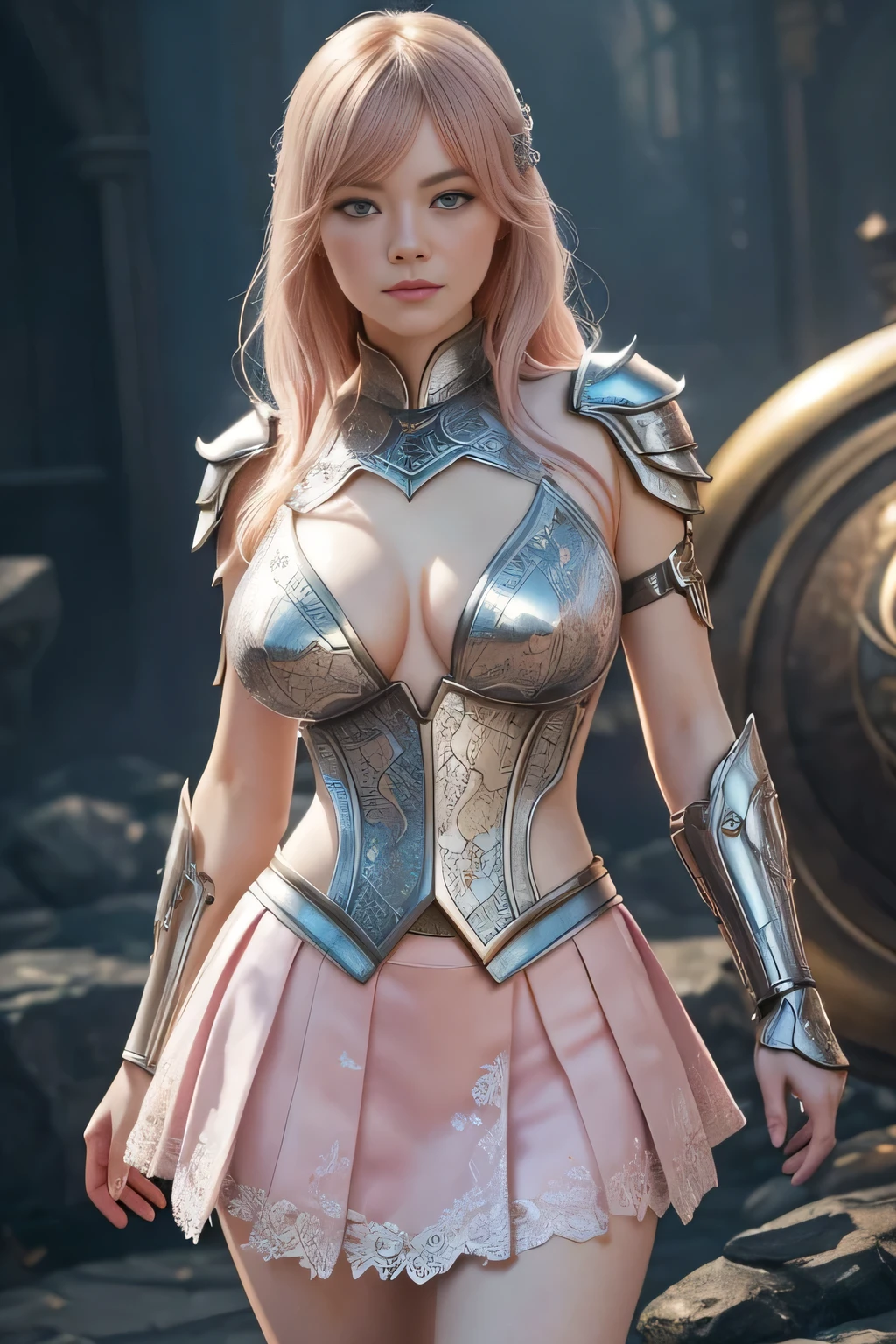 Emma stone sexy woman in a white gold and pink lotus lace armor skirt, chengwei pan on artstation, by Yang J, detailed fantasy art, stunning character art, fanart best artstation, epic exquisite character art, beautiful armor, extremely detailed artgerm, detailed digital anime art, artgerm on artstation pixiv, armor girl, cleavage big breasts:1.2, (mini skirt:1,5)