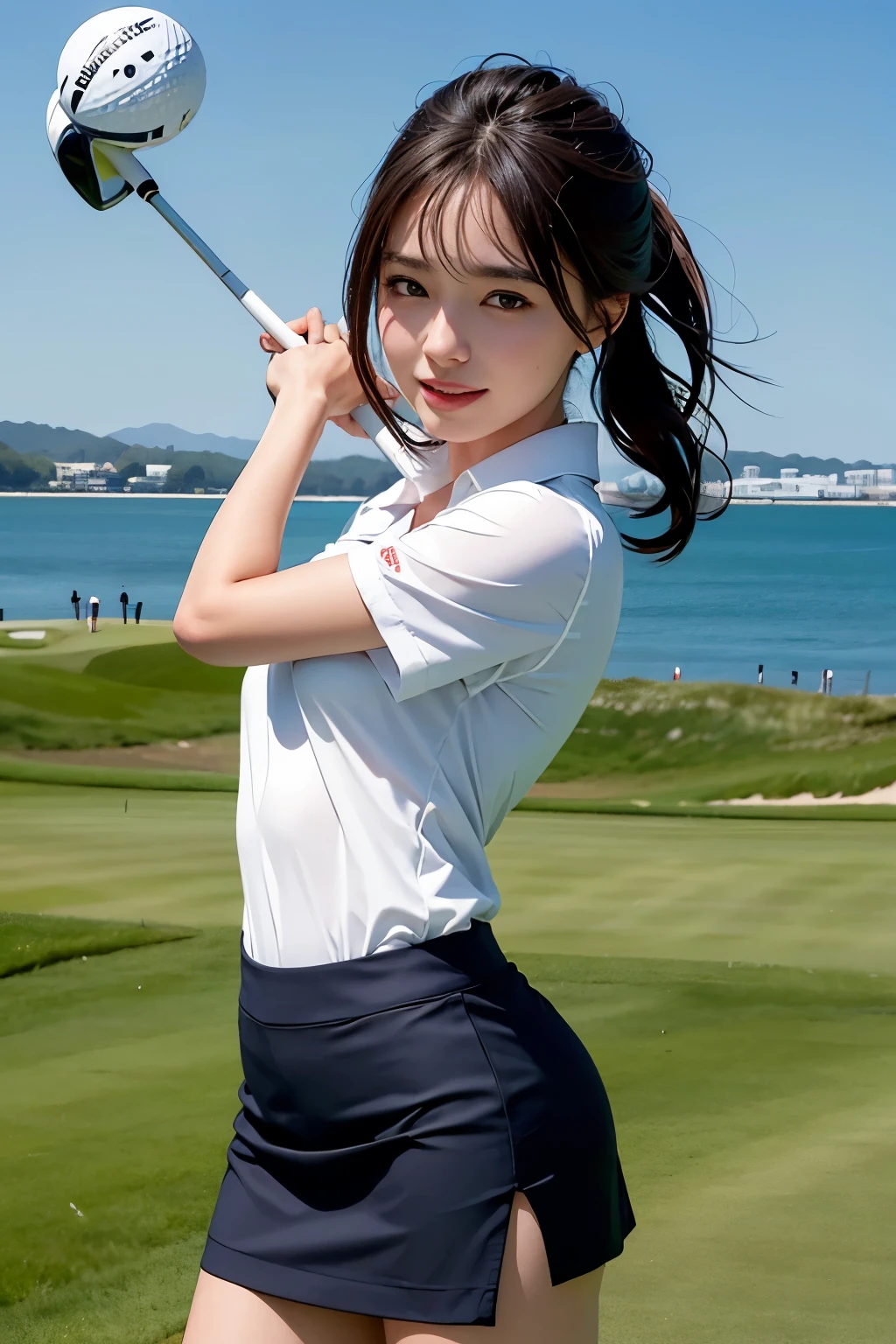 One girl, golf course,Ocean, Sunlight, whole body,Golf Swing,fairway, 8k, RAW Photos, highest quality, masterpiece,Realistic, photo-reality,「Create an illustration of a beautiful female golfer。She is wearing an elegant mini skirt、Holding a golf club、Swinging at the ball with a confident smile。背景には青空と緑のfairwayが広がるgolf courseを描いてください。I would like high resolution and beautiful illustrations.！」
