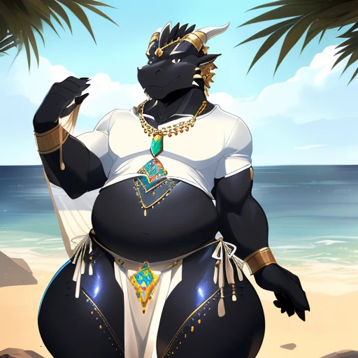 hi res,(((dragon, furry))), ( black body ), anthro, , , ((((long loincloth)))), ((((lingerie bikini, s\ex\y bikini, side-tie panties, tiny black thong)))), (((( male,  , anthro, slim, skinny, )))), male, , anthro, , slim, Skinny, tail, adults, mature, (((male))), (((((((((solo))))))))) outside, plant, standing, sea, tree, (water), detailed background,by milkytiger1145,by takemoto arashi,by null-ghost, cold atmosphere, open smile, soft  blush, , ((((((((wearing white tshirts)))))))), ((((((((( thighs, thick thighs, wide hips))))))))), (((((golden accessory, loincloth accessory, loincloth jewelry, jewels and ornaments for loincloth, s\ex\y loincloth, belly dancer outfit, long pelvic curtain, narrow loincloth)))))