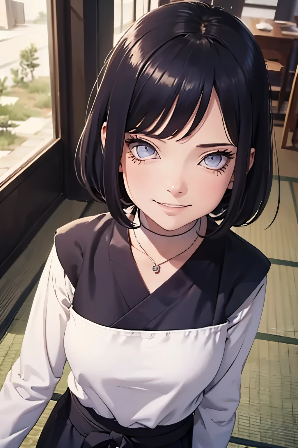 2d, _todler_, {{6 years old}}, RPG character in Naruto alternative universe by Masashi Kishimoto, specially in hyuga clan; Appearance base is Wraith from Apex Legends, with byakugan-soft lilac eyes, kind and soft expression making her look swwet; joyfull, short and dark hair (with shades of dark blue); artwork in modern Japanese animation style, 8k high definition quality, masterpiece, {{high detailed eyes}}, grain filter, high resolution, extremely detailed, portrait, Anatomically accurate, girly reddish cheeks; (highest quality:1.3), {{dutch angle}}, {{smiling todler}}, {{inocent}} ((byakugan)), ((child)), soft expression, kind expression, Traditional Hyuuga outfit: a white shirt with loose sleeves, closed on the right shoulder, with a zipper running down the right side of the chest, matching pants, with a dark navy gray apron tied at the waist, and black shinobi sandals
