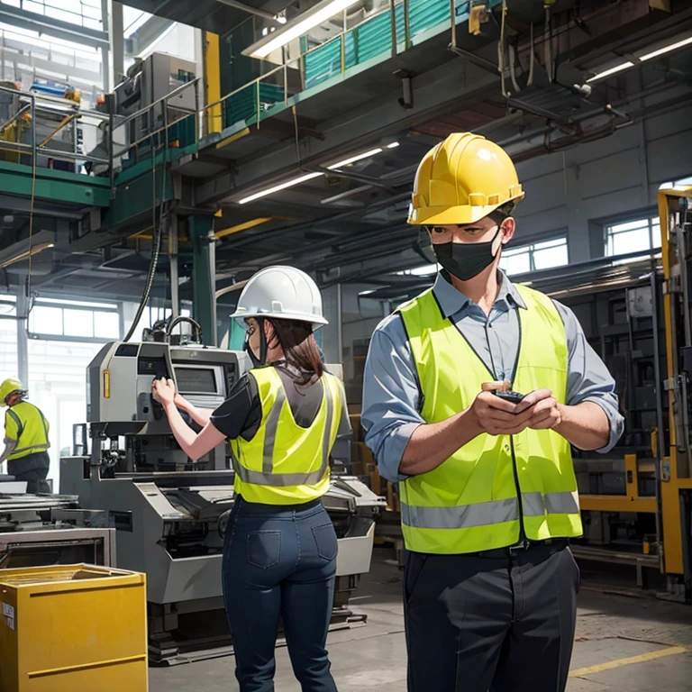 Male and female workers in work clothes among a row of molding machines and presses,The two are wearing helmets to ensure safety.,The man is wearing a green top and grey bottom work uniform, and the woman is wearing a yellow top and bottom work uniform.