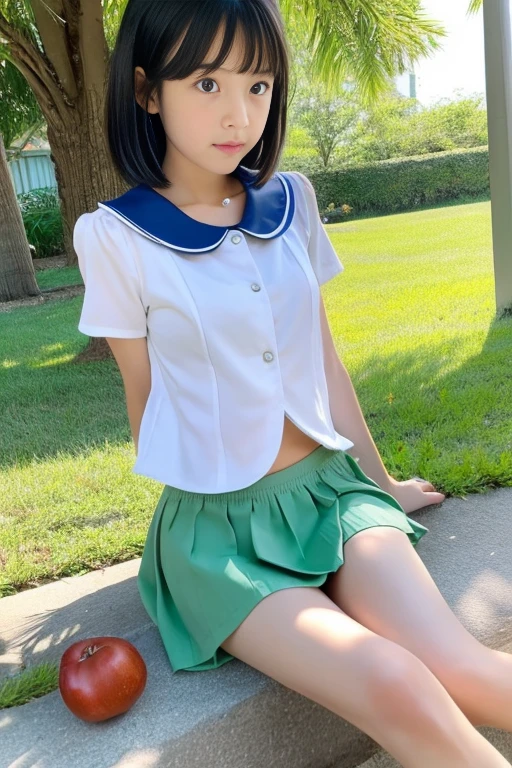 8k,Japanese,8--old,ocent and innocent face,Highly detailed face,Kind eyes,,Straight Bang Hair,Hair blowing in the wind,Short mini skirt、girl,cute,Summer clothes,Casual wear,Short sleeves,I can see your tummy、Her belly button is visible、Random Collar Shirt,Random Skirt,Legs wide open、In the shade,Sitting,Short black hair,Décolletage,Thighs