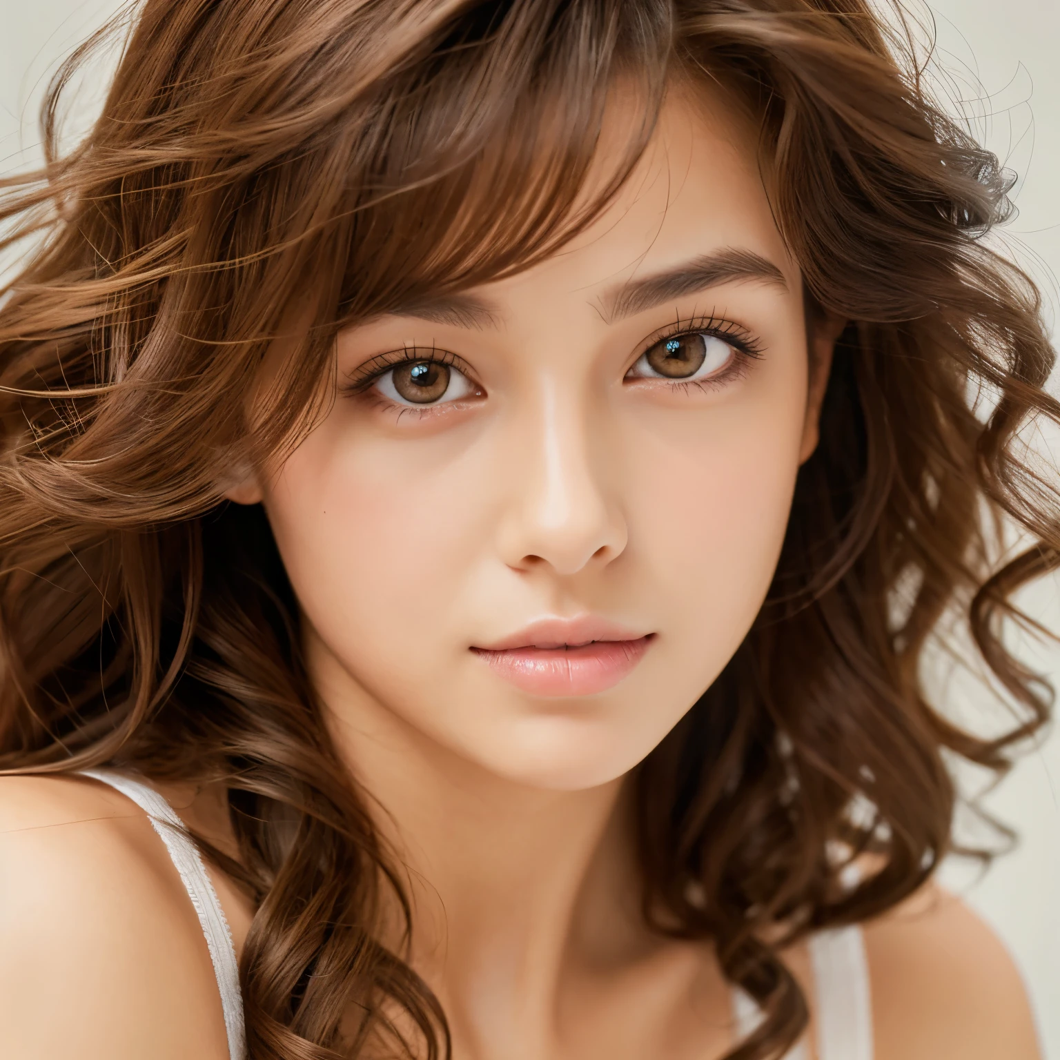 highest quality, masterpiece,  (Realistic:1.2), 1 girl, Brown Hair, Brown eyes,front, Detailed face, Beautiful Eyes.Curly Hair.underwear