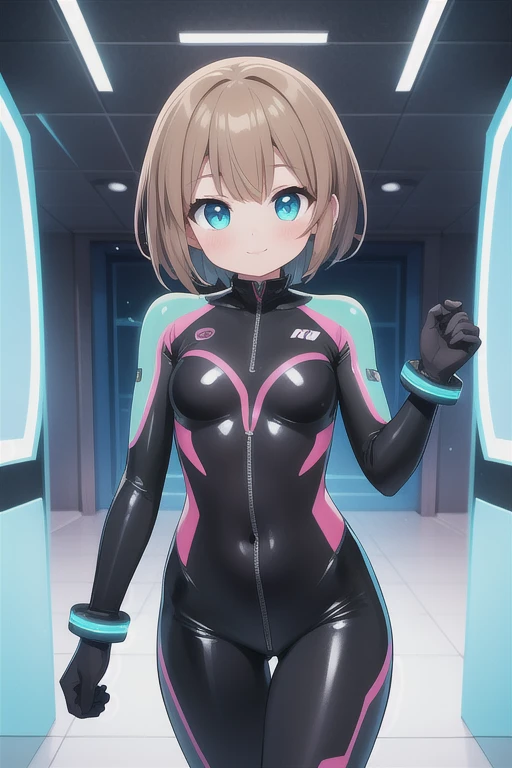 masterpiece, highest quality, Super detailed, Anime Style, One girl, young, cute, short hair, Brown Highlight Hair, Turquoise Eyes, (Large Breasts:0.36), Rubber suit, tight, Color Suits, Printed Suit, Futuristic room, Neon Light, warm, Beautiful Face, Happy, Cowboy Shot