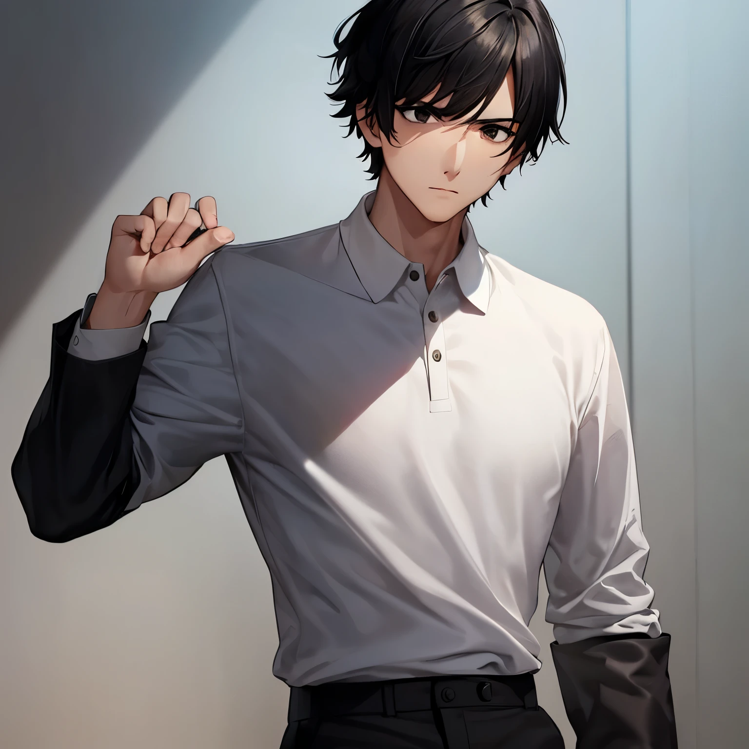 Man with black hair, black eyes, short hair, nonchalant face, wearing white long sleeves polo, masterpiece, best quality