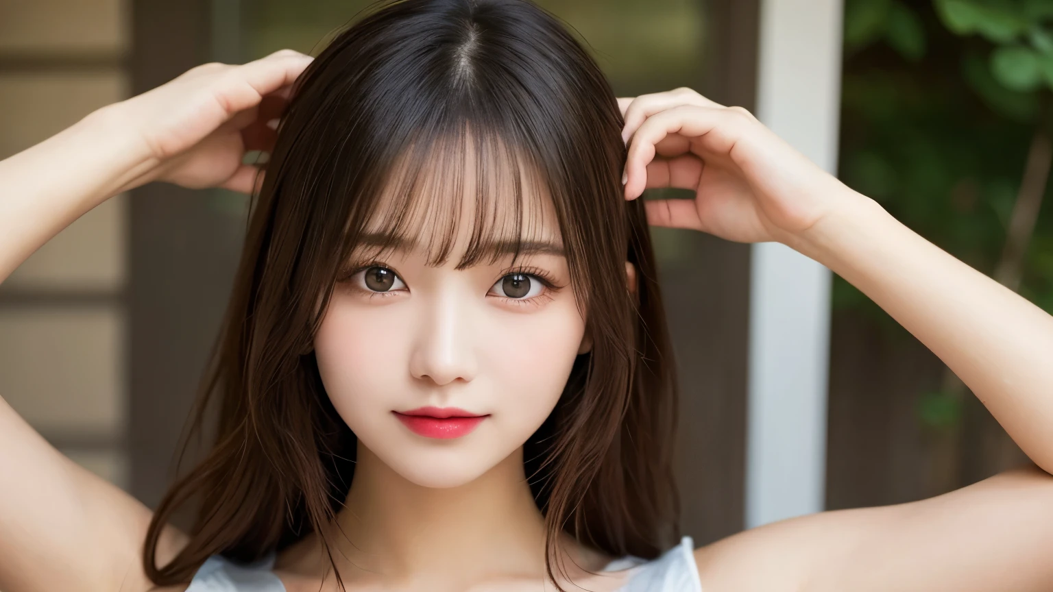 on the table, best quality, shape, Super detailed, Finely, high resolution, 8k wallpaper, 完璧なダイナミックな構shape, Beautiful and delicate eyes, Medium Length Hair, Small Breasts, Natural lipstick, Casual sexy pose,Smile,20 year old girl、midnight、Beautiful and detailed face、Perfect beautiful face,big eyes、original photo、Raise your hands,Raise your hands above your head,Beautiful and delicate eyes、Small face、Beautiful duplex、Facelift and style,dress、Beautiful golden ratio face,Long hair