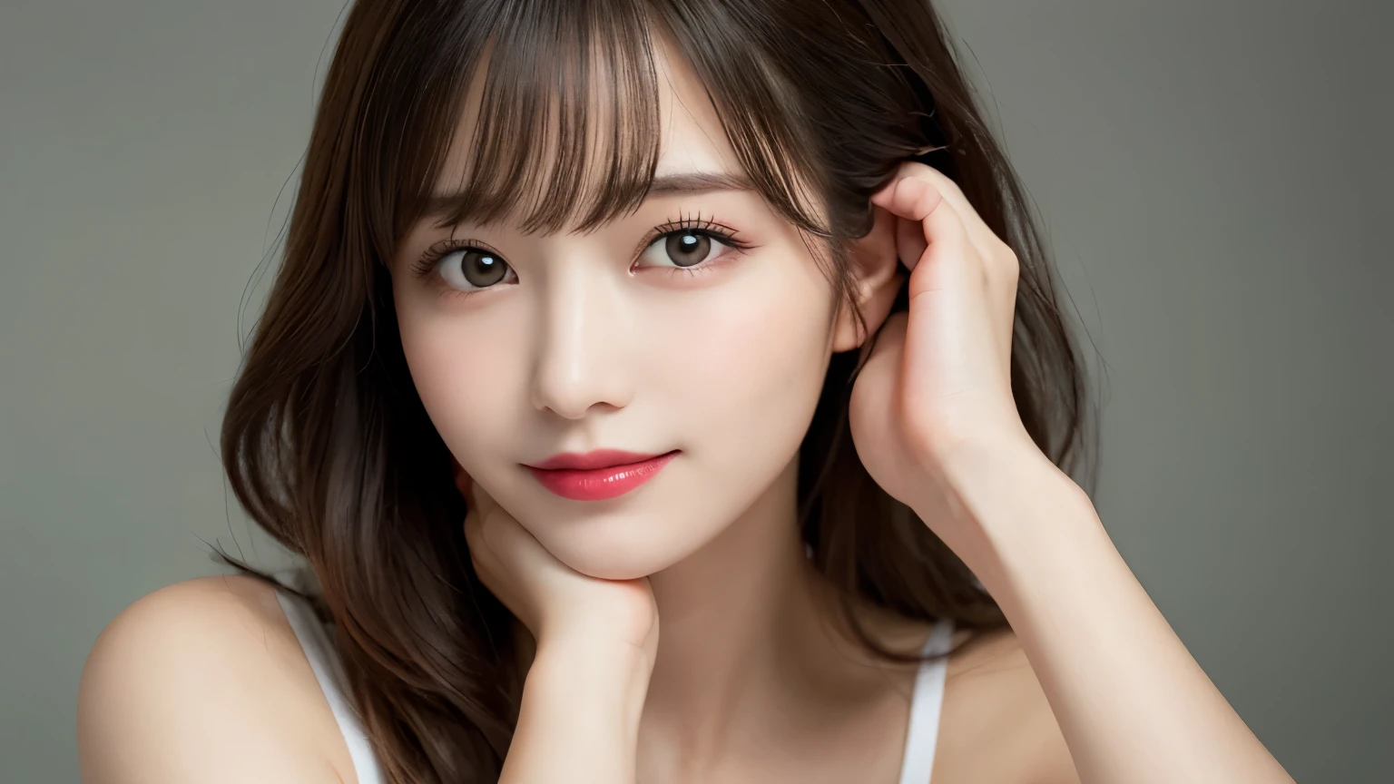 on the table, best quality, shape, Super detailed, Finely, high resolution, 8k wallpaper, 完璧なダイナミックな構shape, Beautiful and delicate eyes, Medium Length Hair, Small Breasts, Natural lipstick, Casual sexy pose,Smile,20 year old girl、midnight、Beautiful and detailed face、Perfect beautiful face,big eyes、original photo、Raise your hands，Raise your hands above your head，Beautiful and delicate eyes、Small face、Beautiful duplex、Facelift and style,dress、Beautiful golden ratio face,Long hair