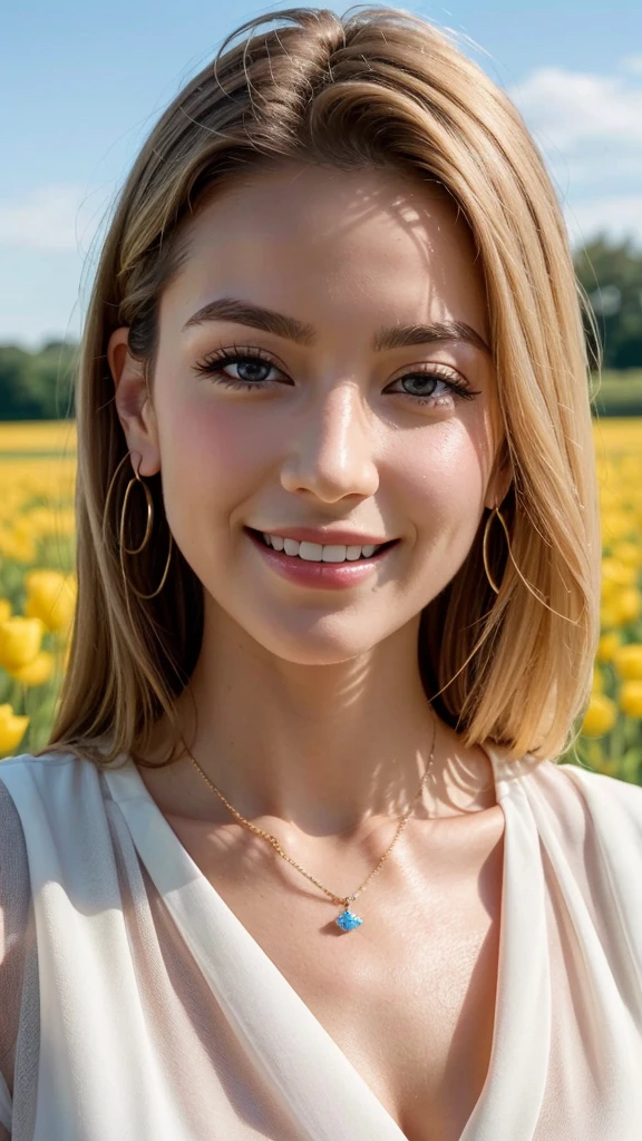 1 25 years old beautiful woman with casual cute hairstyle, A photo of her taken with a large windmill and a huge tulip field in the background, Real raw photo with super detailed details, (Beautiful smooth glossy bright blonde hair woman), A very beautiful bright blonde woman, She blushes and laughs with love, Her face is turned upwards, (Well-cared for beautiful bright blonde hair), 16K Ultra Realistic Portrait taken in super wide angle, She is slim figure top model and famous movie actress, (She has very fine smooth and white skin), Breast enhancement, ((((1 European bright blonde woman)))), (The bright blonde eyebrows are slightly rounded shape), She has bittersweet feeling,  Droopy eyes are moist and super thinly opened, Eyes drawn with precision in every detail, Form a gentle curve from cheek to chin, Her thick plump and shiny big lips are half-opened, A person in the center left and right:1.0, The whole head is shown, She is wearing dark colored blouse and simple earrings and a simple necklace, Perfect natural makeup, Professional lighting like movies in her bedroom