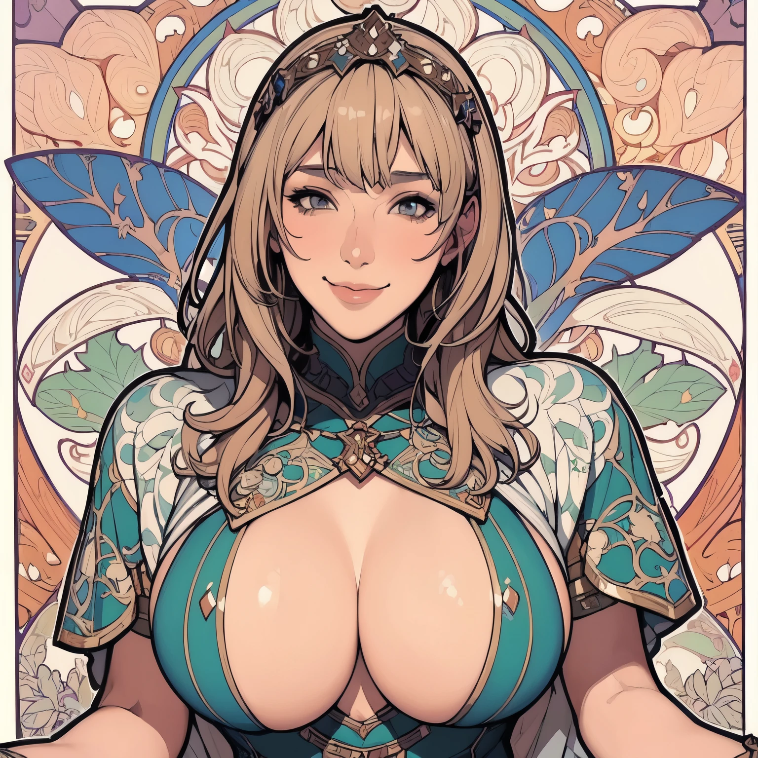 ((Detailed face)),((Mucha's style)),(vulgar),huge breasts, sexual excitement,  ((addiction to sex))((Medieval fantasy Female knight )),muscularity,Wearing heavy armour,head shot,smile that invites a man to join her,Mercenary,nipple covers
