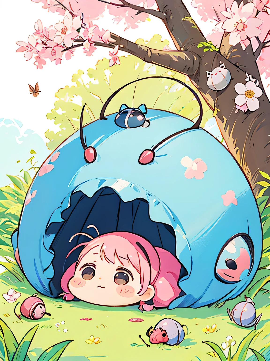Momoko Sakura style, Kawaii Design, Chibi, beautiful spring afternoon、Lots of friendy pillbugs、lovely colorful pillbug
