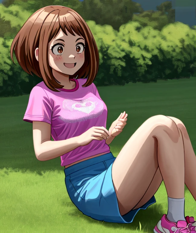 [ochako uraraka], [Boku no hero academia], ((masterpiece)), ((HD)), ((high quality)), ((solo portrait)), ((front view)), ((full body)), ((anime)), ((Kohei Horikoshi)), ((detailed shading)), ((cel shading)), ((intricate details)), ((cinematic lighting)), {ochako, (rosy cheeks), (cute round brown eyes), short brown hair, short eyelashes, large , (gorgeous hips), (beautiful legs), (excited smile), white teeth)}, {(pink tee shirt), (blue spandex yoga pants), (pink sneakers)}, {(sitting on picnic blanket), (looking at viewer)}, [Background; (grass), (blue sky), (sun rays)]