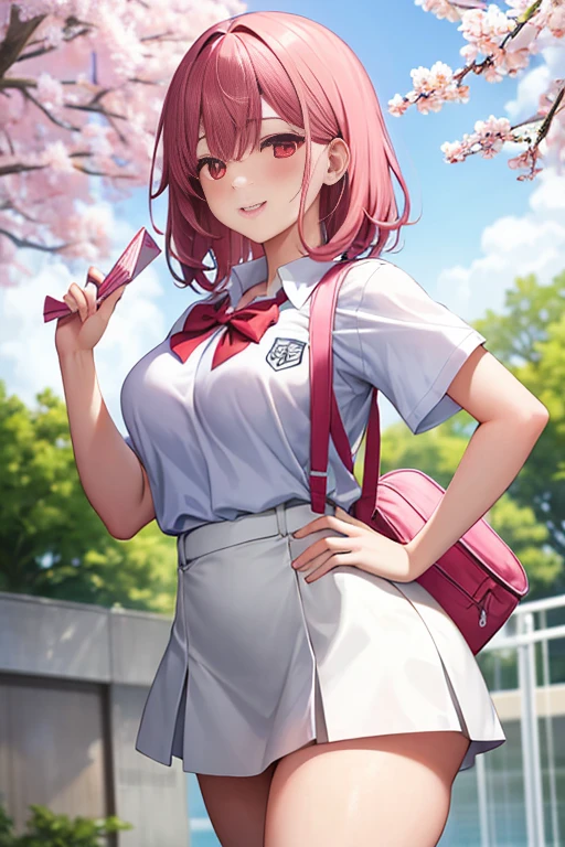masterpiece、1 female student、Smile、Light pink lips、posing at school,(The whole body is soaked),legs are open, alone, White polo shirt, looking at the audience, (Thick thighs:1.0),Yazawa Nico,red eyes, Blushed,Blunt hair,hands on hips,Waving,Backpack,under a sakura tree,Uniforms,Black knee socks,Denim shorts,hairpin,love letter