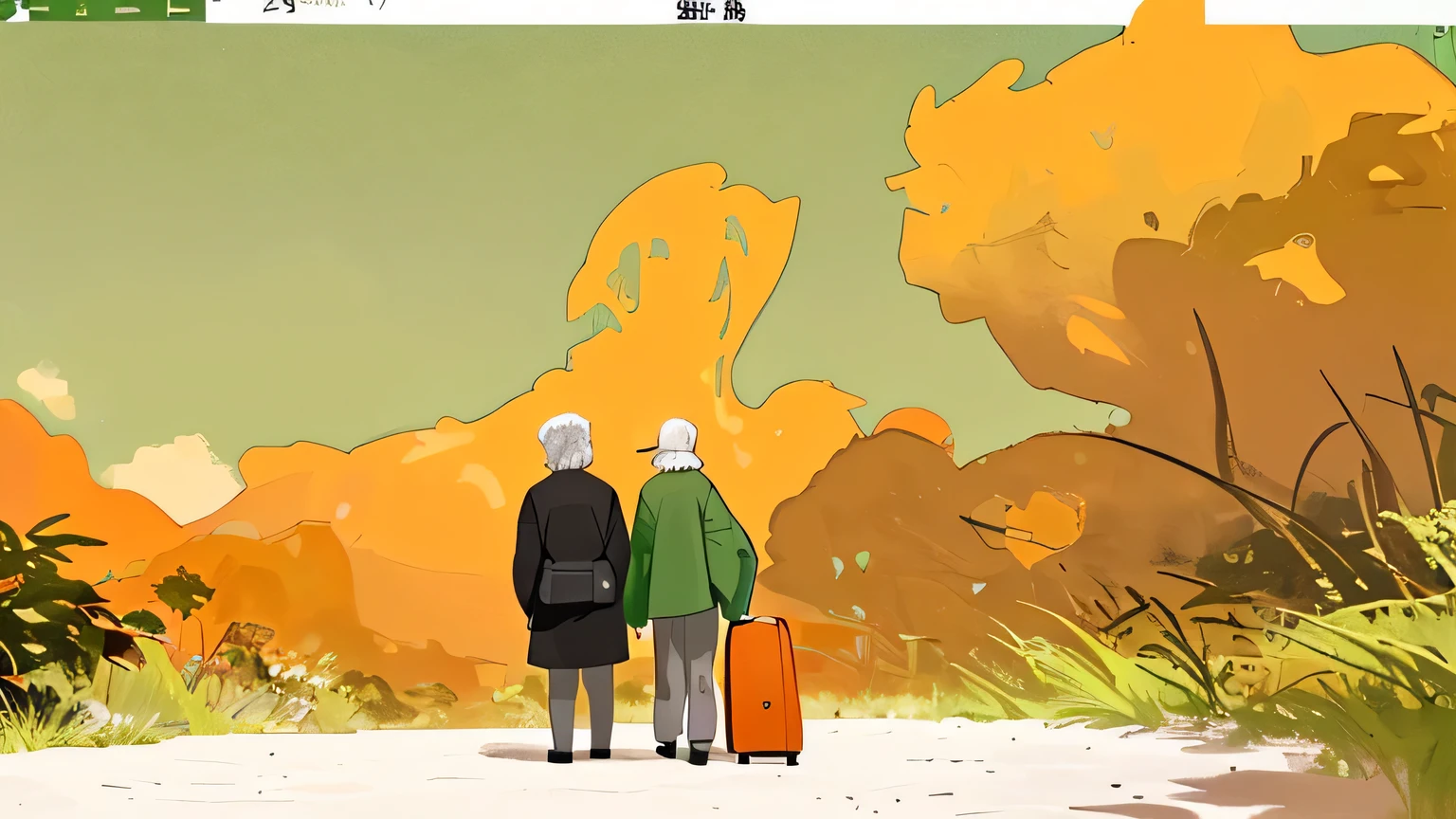 Back view of an elderly couple traveling outdoors，The screen is mostly dark green，A little orange，Smaller character，Leave more space above