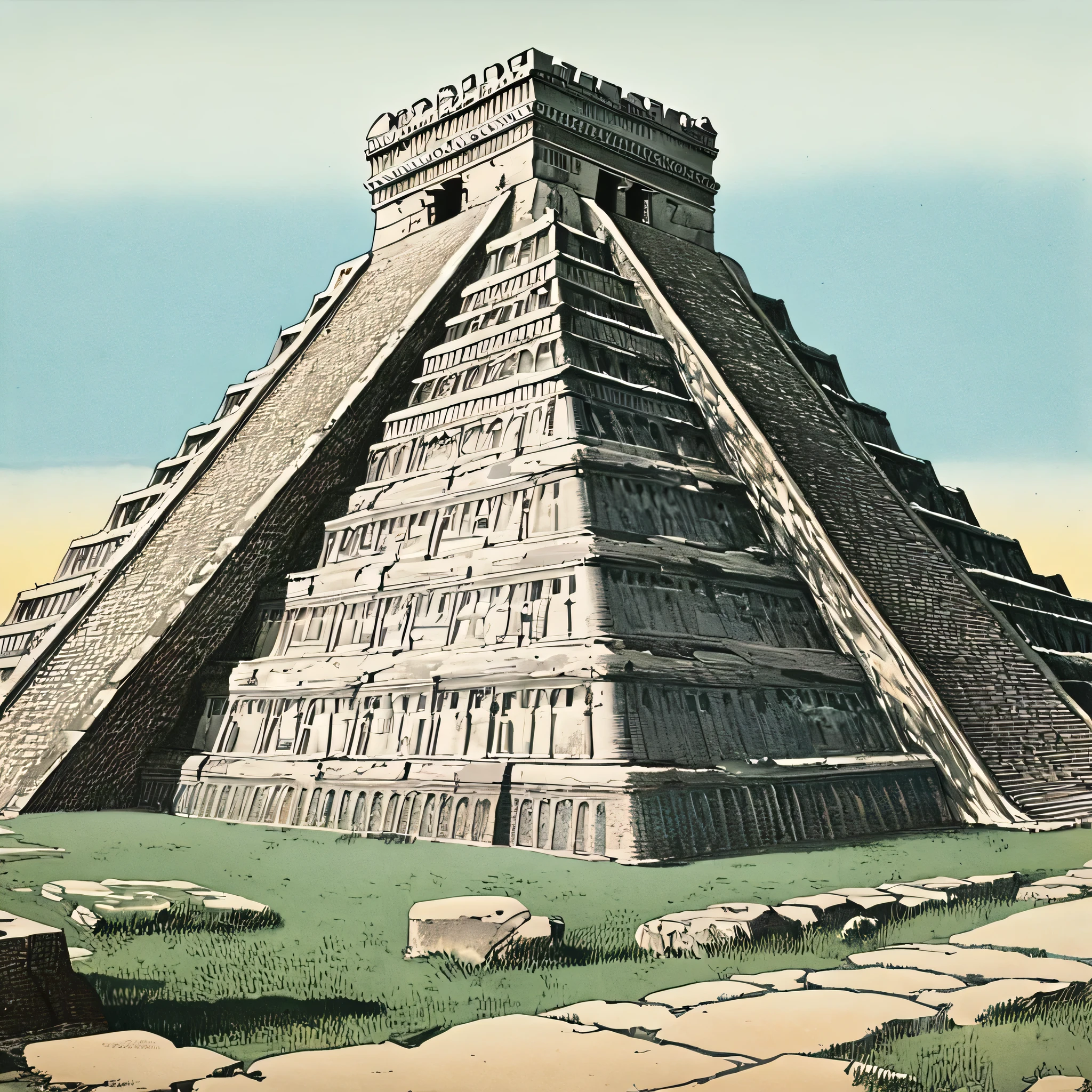 illustrations of ancient buildings with colored images