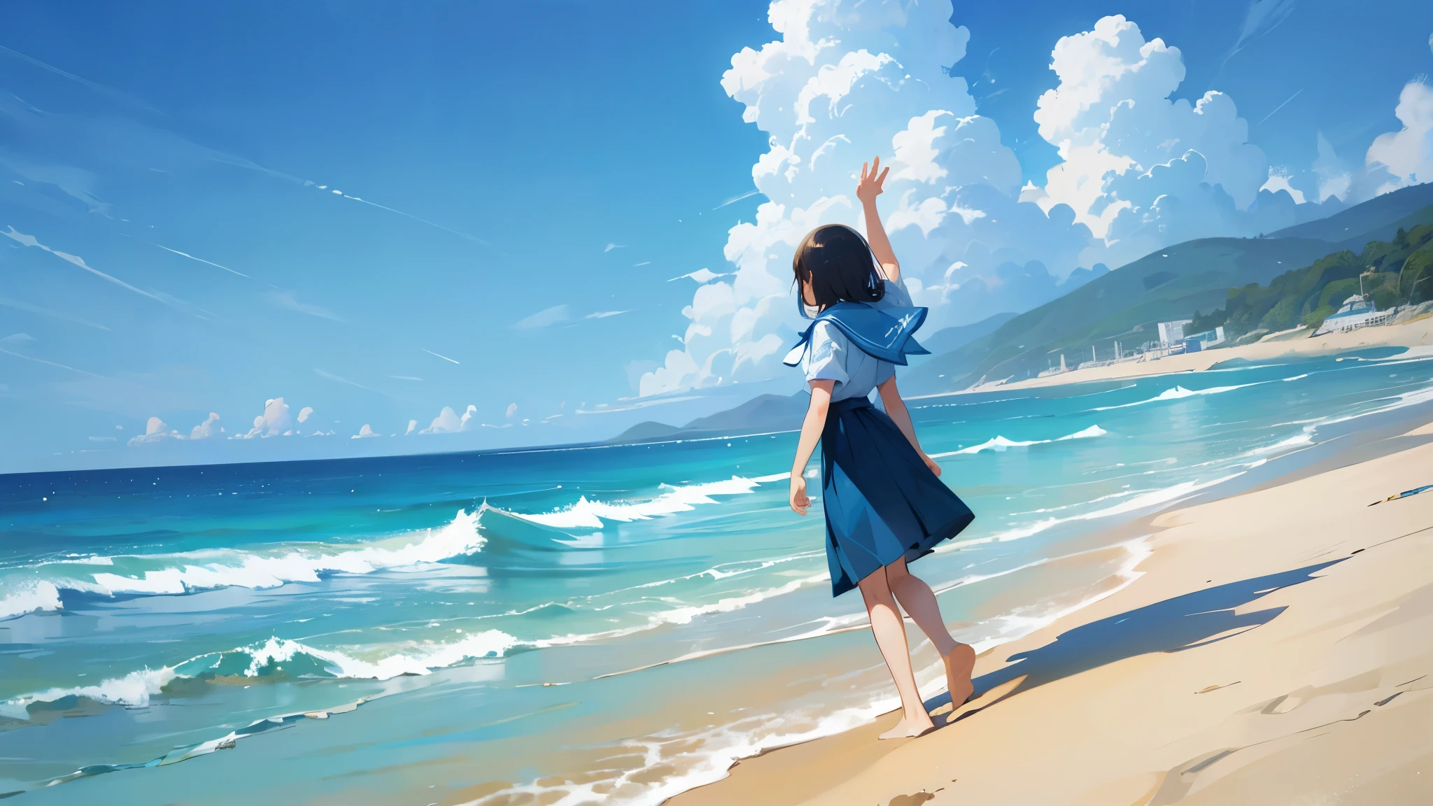 Sandy Beach A girl with her back turned to the sea Raising hands to the blue sky