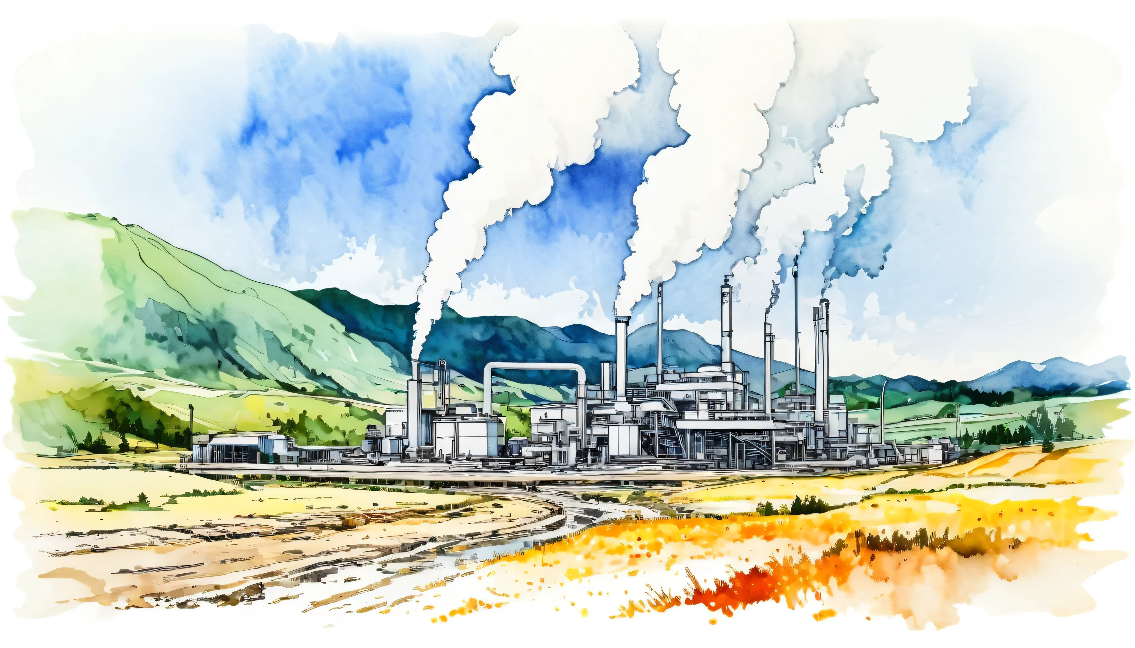 Masterpiece、Geothermal power generation、Omitted style,Line drawing sketch,Stylish cut, artistic,Scribble style,Clear, bold, thick outlines,,Rough coloring, watercolor painting,