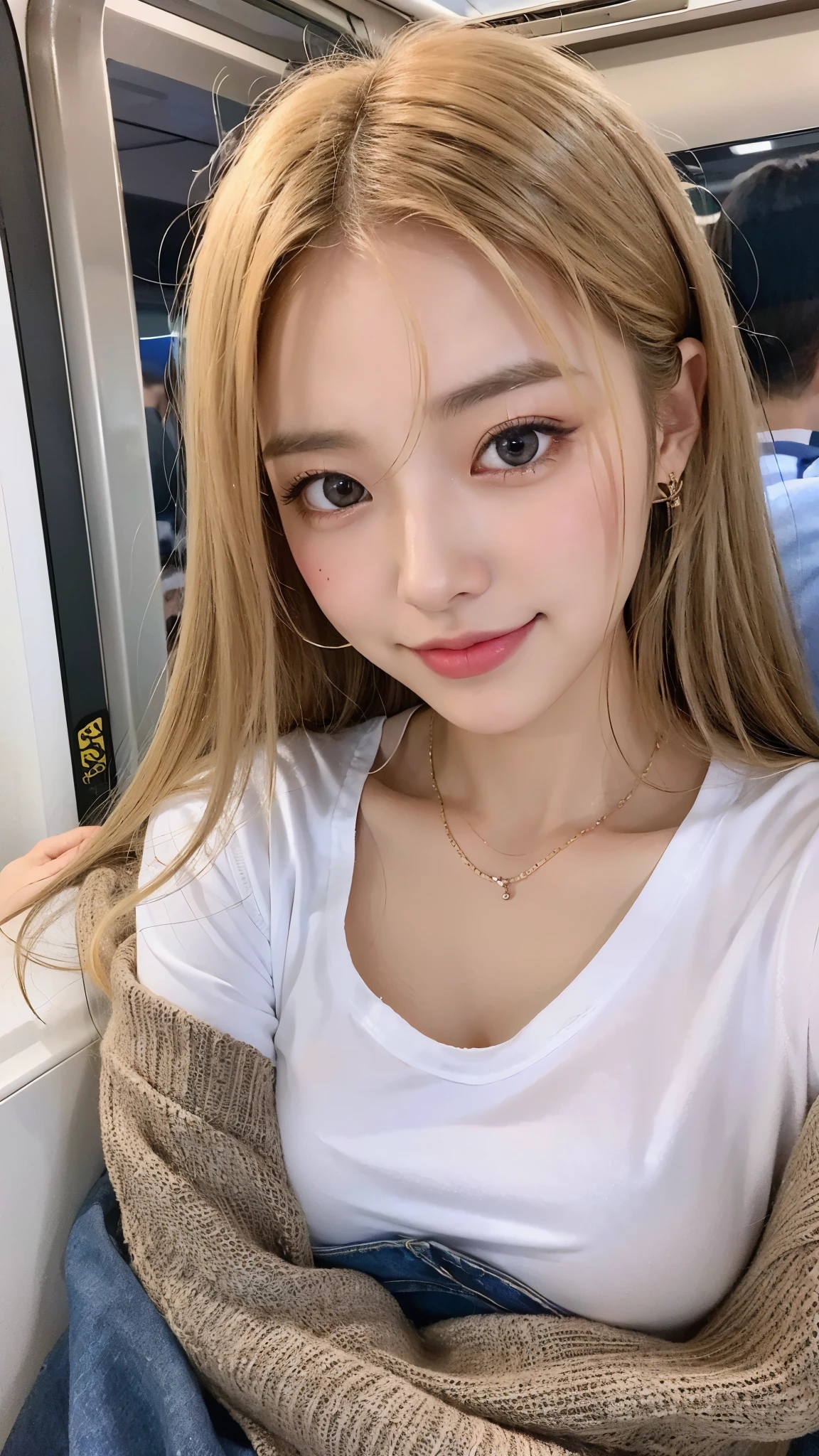 (highest quality、8k、32k、masterpiece、Hmph:1.2)、Cute Japanese Women Photos、Soft looking breasts、No bra、Ample breasts、Shortcuts、Face Focus、White T-shirt、necklace、From above、Looking at the audience、smile、I'm showing my teeth and smiling,Dynamic Shadows、blonde、Wet shiny hair、Shine, Watery eye、((In a crowded train)),