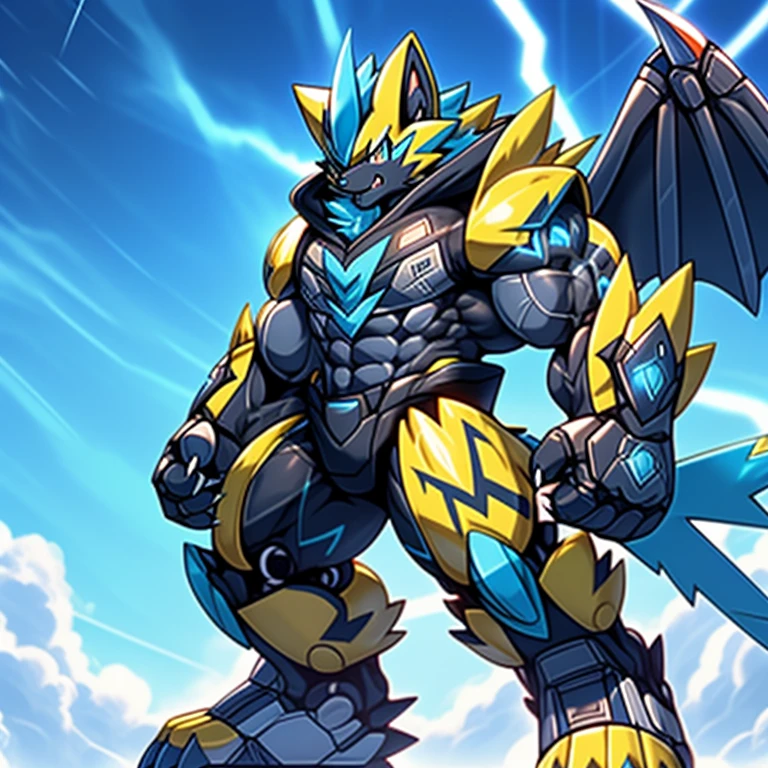 (masterpiece, best quality, detailed:1.2)
(Pokémon)
detailed full body,
Zeraora's giant robot.
Gigantic ZERAORA,
GIANT.
Protecting Zeraora's design and color scheme. Robotic suit, 
the whole body is covered in armor, sky, thunderstorm,

wears a black cloak on his back.
It has wings.
whole body shines like metal.
Wearing cyberpunk mecha, emphasizes the muscles.
He wears the same armor as himself from head to foot. (emphasizes the muscles.)
suit fully made of metal,
intricate armor, Robotic suit, suit fully made of metal, cyborg,

big muscle.
pecs, triceps,
body full of huge muscles.
unusually developed muscular body,
A Zeraora at the bodybuilding competition,
massive,
huge muscular bodybuilder with extraordinary biceps, pecs, triceps, traps, gigachad, 300 lbs.

The claws are sharp, Sharp teeth,
with huge golden laser sword,