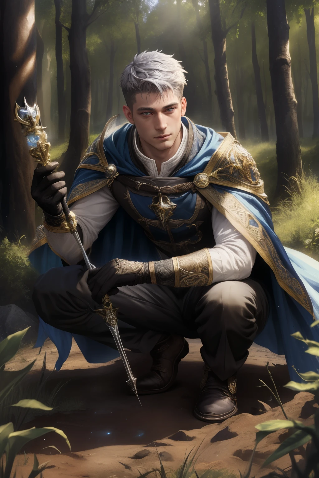 (Absurdres, Intricate Details, Masterpiece, Best Quality, High Resolution, 8k), 1 male, masculine, young, aged up, dreadful, finely detailed eyes and face, gray short back and sides hair, black eyes, portrait, looking at camera, solo, full body, detailed background, (RootsBranchesAI theme:1.1) glowing eyes, high fantasy, cleric, casting healing spell, hovering in air, sunshine, color cape, gloves, magic wand, , mana, bright realistic lighting, forest in background, peaceful atmosphere, Depth of Field, VFX.