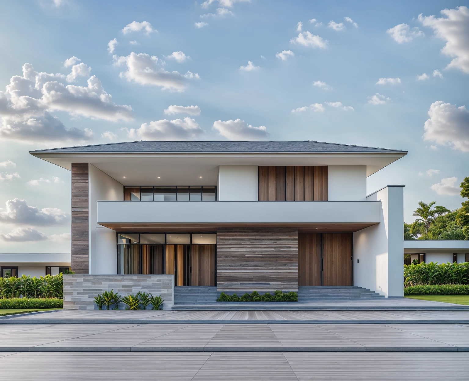 1 main wood door, slope roof, many glass door, concrete, wood wall,white, modern villa, palm, plant, beautiful sky, wood facade, architecture, beautiful, masterpiece, best quality, super detailed, realistic, photorealistic, 8k, sharp focus, droste effect photography, macro photography