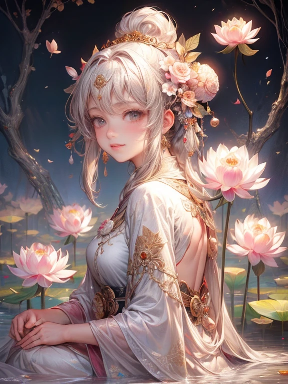 masterpiece:1.2, highres, 8k, ultra-detailed:1.2, beautiful detailed:1.2, Senju Kannon Bodhisattva, sitting on a lotus flower, smile gently, sparkling eyes, bright rosy lips, beautiful delicate(hair,face,eyes,lips,clothes,lotus flower), A robe shaped like a lotus flower