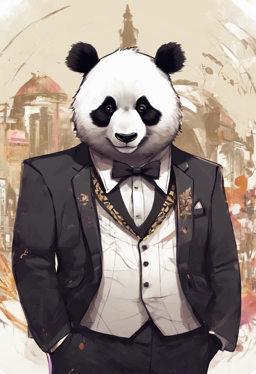 anthropomorphic panda, de cuerpo entero, vestido formalmente con un blazer, sostiene una bandeja, pegatina de panda, sticker de panda.