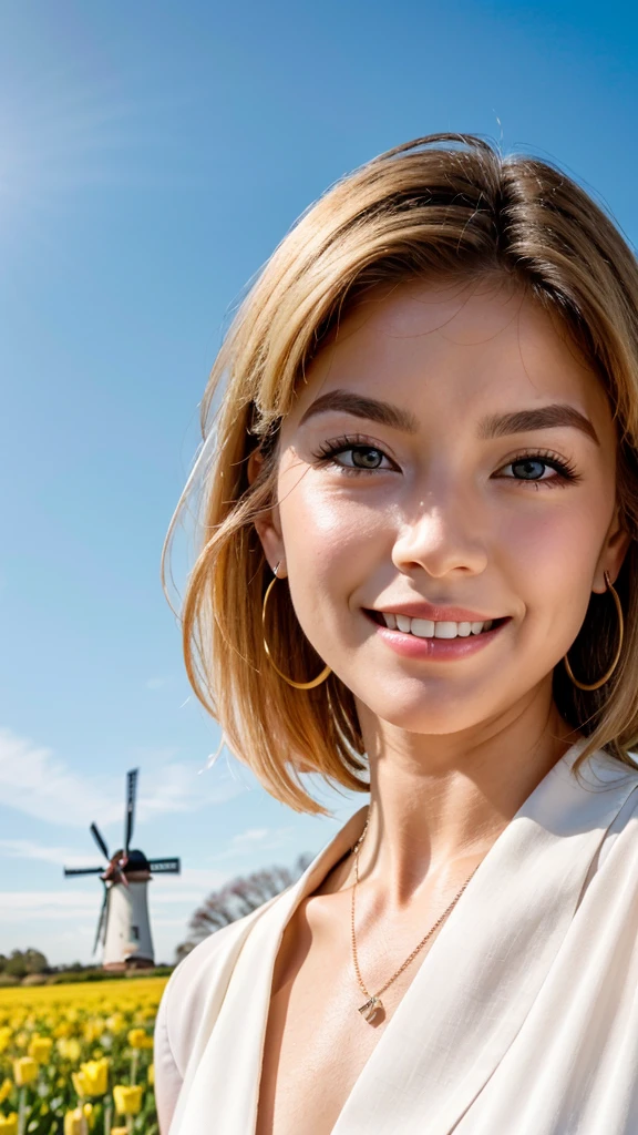 1 25 years old beautiful woman with casual cute hairstyle, A photo of her taken with a large windmill and a huge colorful tulip field in the background, Real raw photo with super detailed details, (Beautiful smooth glossy bright blonde hair woman), A very beautiful bright blonde woman, She blushes and laughs with love, Her face is turned upwards, (Well-cared for beautiful bright blonde hair), 16K Ultra Realistic Portrait taken in super wide angle, She is slim figure top model and famous movie actress, (She has very fine smooth and white skin), Breast enhancement, ((((1 European bright blonde woman)))), (The bright blonde eyebrows are slightly rounded shape), She has bittersweet feeling, Droopy eyes are moist and super thinly opened, Eyes drawn with precision in every detail, Form a gentle curve from cheek to chin, Her thick plump and shiny big lips are half-opened, A person in the center left and right:1.0, The whole head is shown, She is wearing dark colored blouse and simple earrings and a simple necklace, Perfect natural makeup, Professional lighting like movies in her bedroom