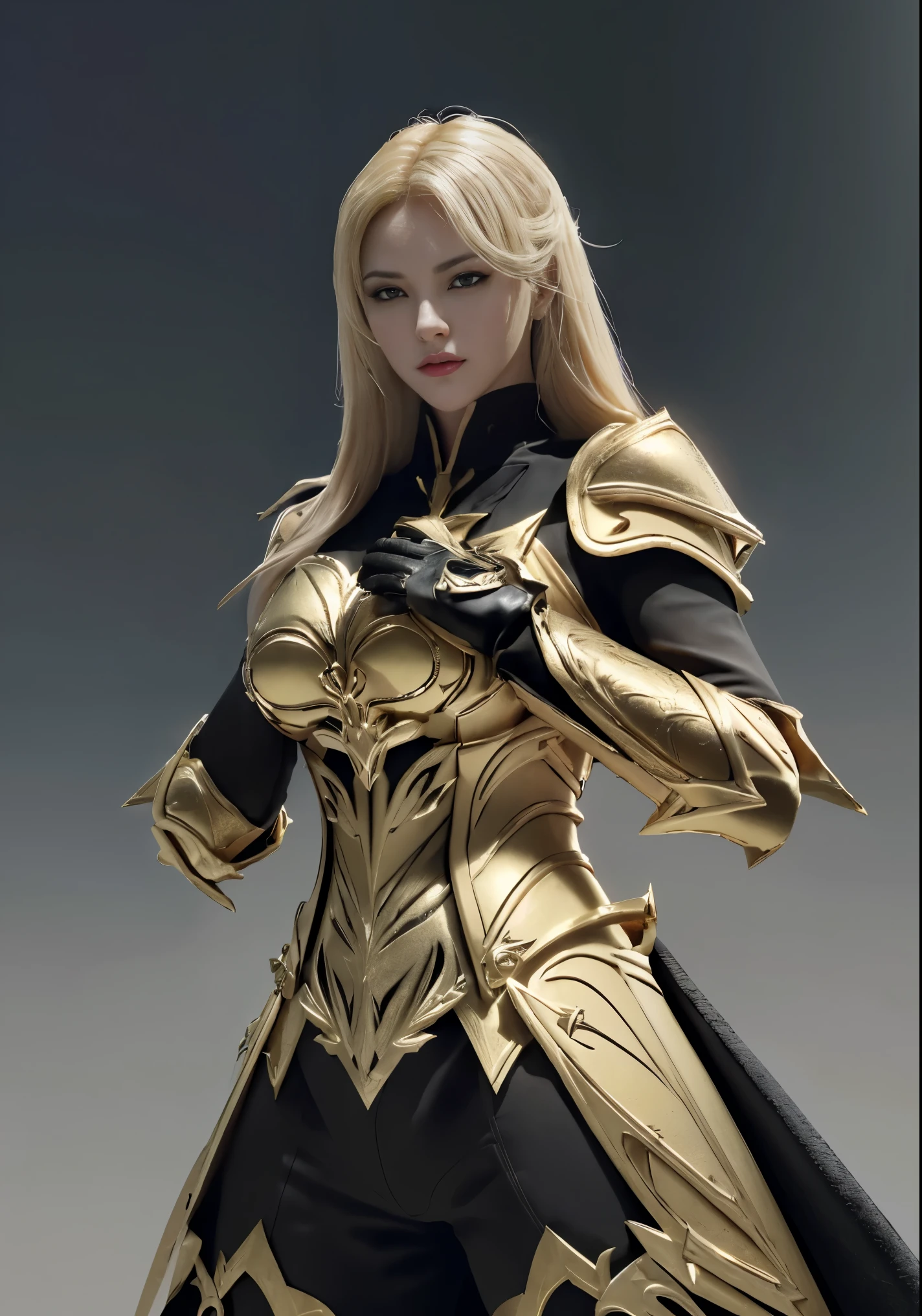 Design layout to showcase game characters, A fighter. Golden+Black Armor, Stylish and unique. Detailed greatsword. (masterpiece:1.2), (best quality), 4K, Super detailed, (Dynamic Synthesis: 1.4), Step-by-step design, The Art of Layout,(Luminous lighting, Mood lighting), gloomy, magic, (((Gloves full hands))),