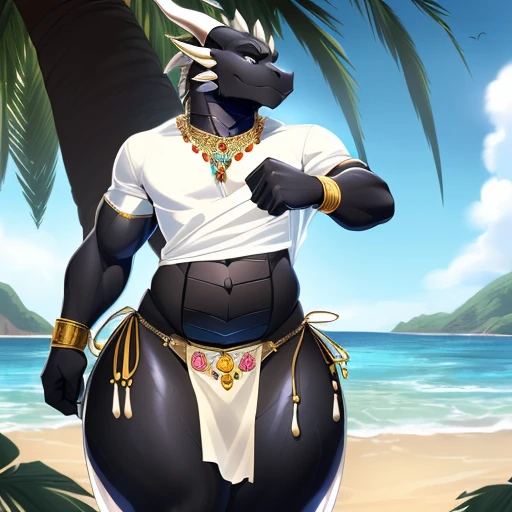 hi res,(((dragon))), (black body ), anthro, , , ((((long loincloth)))), ((((lingerie bikini, s\ex\y bikini, side-tie panties, tiny black thong)))), (((( male,  , anthro, slim, skinny, )))), male, , anthro, , slim, Skinny, tail, adults, mature, (((male))), (((((((((solo))))))))) outside, plant, standing, sea, tree, (water), detailed background,by milkytiger1145,by takemoto arashi,by null-ghost, cold atmosphere, open smile, soft  blush, , ((((((((wearing white tshirts)))))))), ((((((((( thighs, thick thighs, wide hips))))))))), (((((golden accessory, loincloth accessory, loincloth jewelry, jewels and ornaments for loincloth, s\ex\y loincloth, belly dancer outfit, long pelvic curtain, narrow loincloth)))))