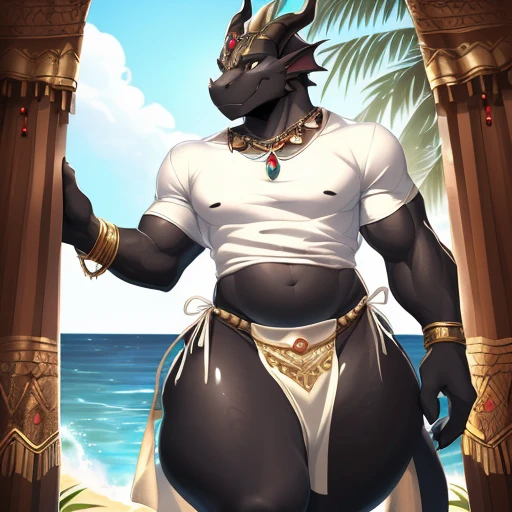 hi res,(((dragon))), (black body ), anthro, , , ((((long loincloth)))), ((((lingerie bikini, s\ex\y bikini, side-tie panties, tiny black thong)))), (((( male,  , anthro, slim, skinny, )))), male, , anthro, , slim, Skinny, tail, adults, mature, (((male))), (((((((((solo))))))))) outside, plant, standing, sea, tree, (water), detailed background,by milkytiger1145,by takemoto arashi,by null-ghost, cold atmosphere, open smile, soft  blush, , ((((((((wearing white tshirts)))))))), ((((((((( thighs, thick thighs, wide hips))))))))), (((((golden accessory, loincloth accessory, loincloth jewelry, jewels and ornaments for loincloth, s\ex\y loincloth, belly dancer outfit, long pelvic curtain, narrow loincloth)))))