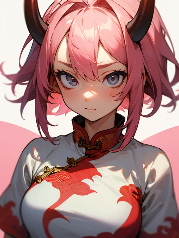 Masterpiece, best quality, expressive eyes, perfect face, 1girl, pink hair, ahoge, heretochromia, grey eyes, oni horns, full bust, cheongsam, 