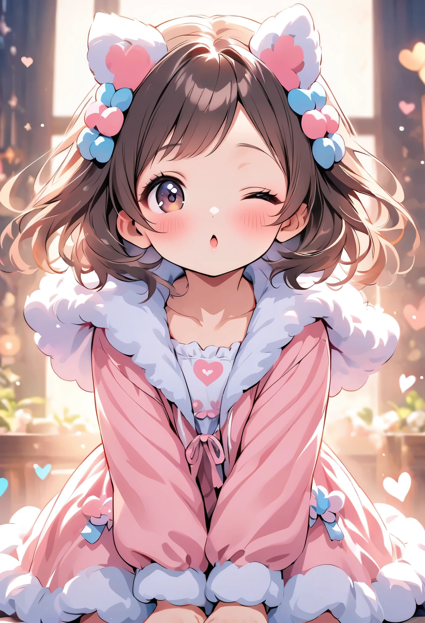 cuteガールフレンドが視聴者をお出迎えします,Blow a kiss to the audience,Wink,Welcome,cute,Adorable,1 Girl:,cute部屋着:gelato pique:Fluffy white and pink loungewear,The epitome of cuteness,Too cute for my taste,Blurred Background,Focus on the girl,Scrunchie,Beautiful, smooth, shiny brown hair,loves it,highest quality,Masterpiece,Super cute,Intricate details,eyelash,Big black eyes,The best composition,Anatomically correct,sweetheart,Illustrations that make the viewer feel fluffy,Close one eye,Show off your lips,Put your hands forward,relax,pastel colour,Fluffy texture,Clothes made of soft materials