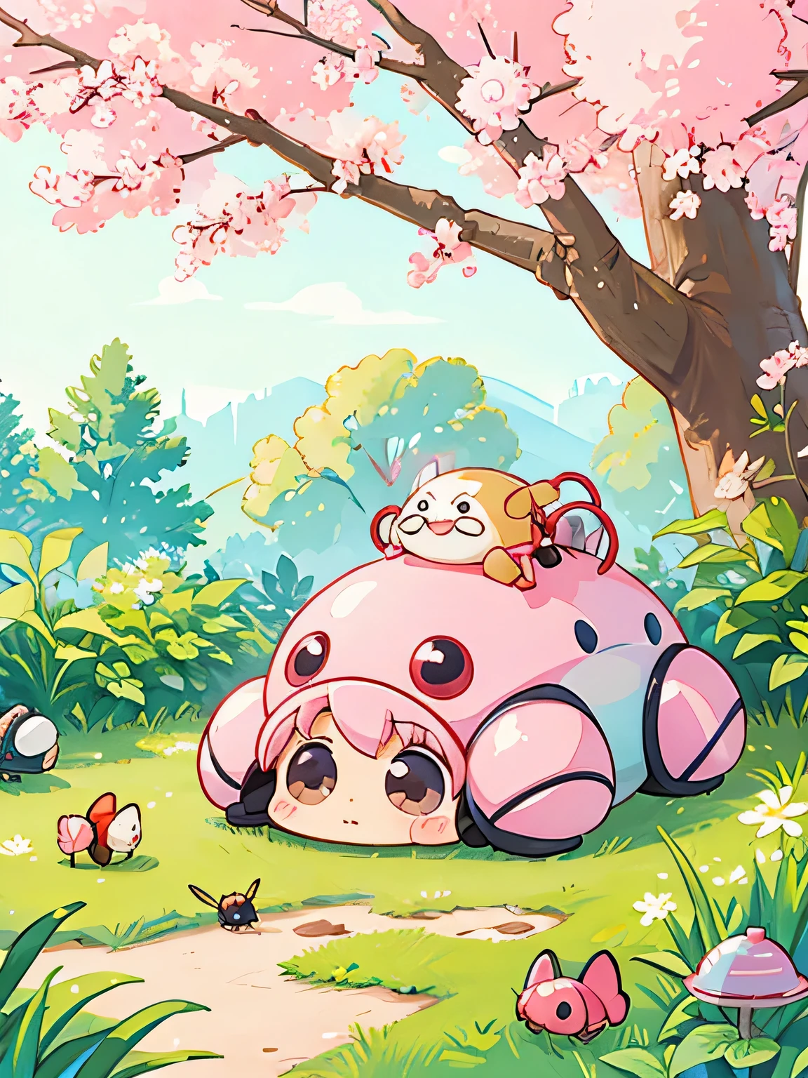 Momoko Sakura style, Kawaii Design, Chibi, beautiful spring afternoon、Lots of friendy pillbugs、lovely colorful pillbug, home