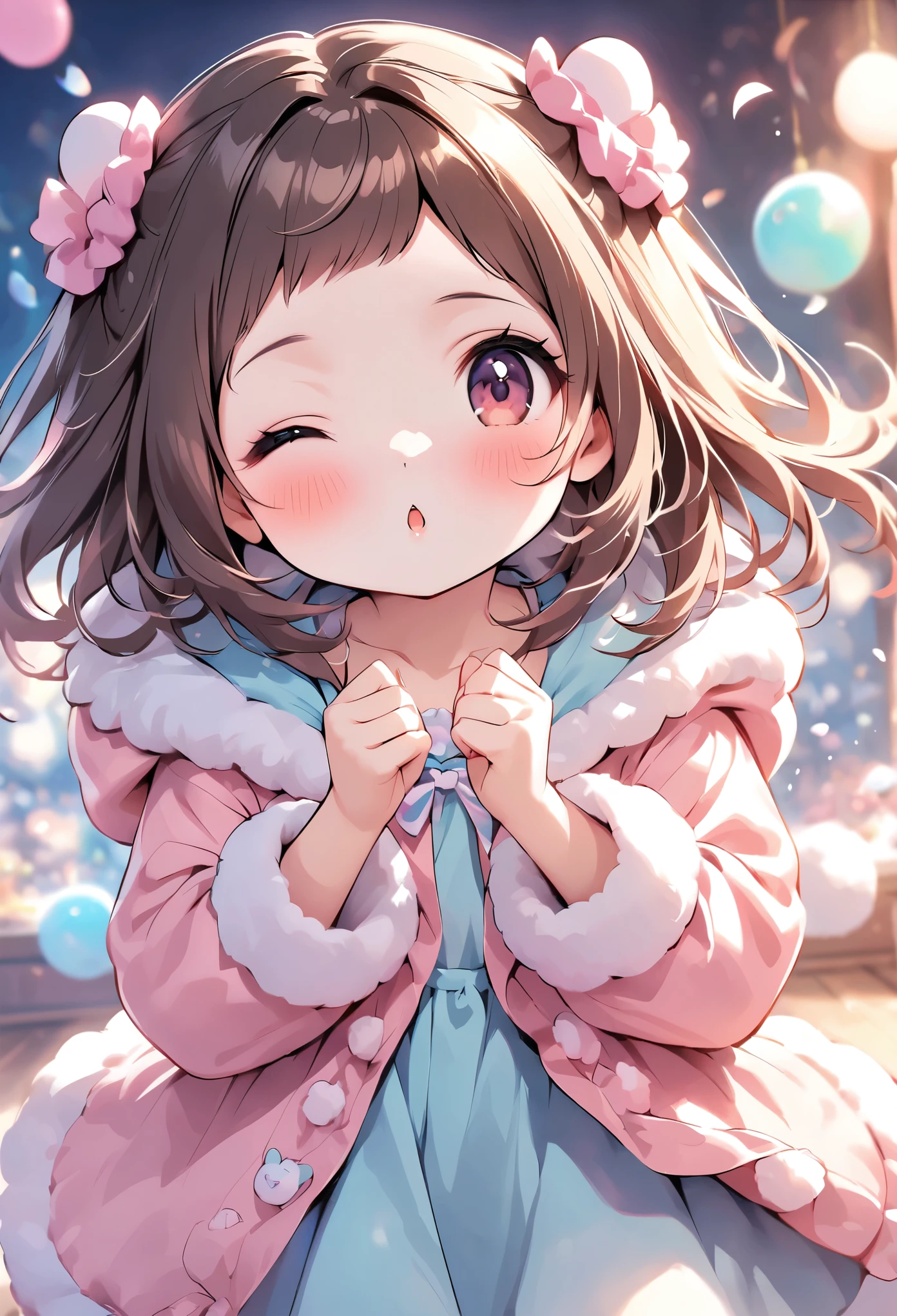 cuteガールフレンドが視聴者をお出迎えします,Blow a kiss to the audience,Wink,Welcome,cute,Adorable,1 Girl:17 years old,cute部屋着:gelato pique:Fluffy white and pink loungewear,The epitome of cuteness,Too cute for my taste,Blurred Background,Focus on the girl,Scrunchie,Beautiful, smooth, shiny brown hair,loves it,highest quality,Masterpiece,Super cute,Intricate details,eyelash,Big black eyes,The best composition,Anatomically correct,sweetheart,Illustrations that make the viewer feel fluffy,Close one eye,Show off your lips,Put your hands forward,relax,pastel colour,Fluffy texture,Clothes made of soft materials