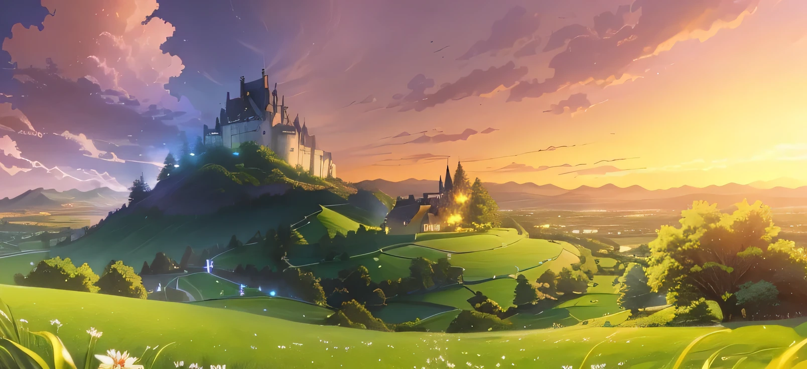 Photos taken from the castle in the fields, Castle Background, Anime Landscape Wallpaper, Beautiful anime scenery, anime rural scenery, Beautiful wallpapers, fantasy art landscape, background artwork, magic castle school on the hill, Beautiful fairy tale, Anime Background Art, Fantasy painting，Lovely, Anime beautiful peaceful scene, Amazing wallpapers, High quality desktop wallpaper，dusk，Sunset