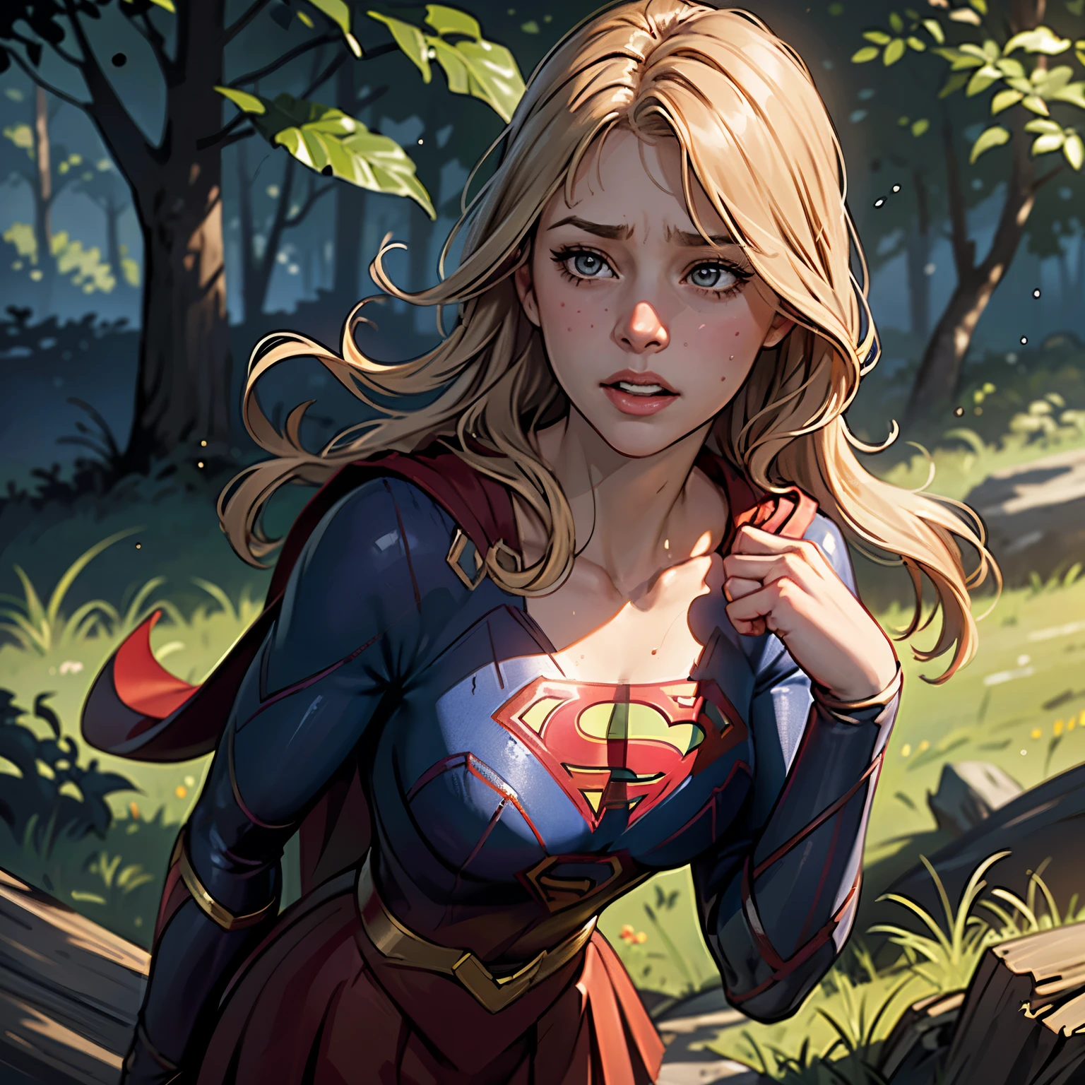 ((highest quality)), ((masterpiece)), (be familiar with), (High definition), (Realistic), (Realistic), (Best Shadow), Low contrast, (Complex:1.4), Side lighting, 8K, ((melissa Benoist)), ((SUPER GIRL)), Perfect Face、Detailed、(Accurate hand and finger depiction)、supergirl women、Blonde、Voluptuous body、(Large Breasts)、Narrow waist、(Big Ass)、Alluring、glamorous、((Putting a hand to your mouth))、(Shame:1.2)、(Embarrassed expression:1.3)、Flushing、sweating、On the grass、in the deep forest、blue sky、Close-up of face