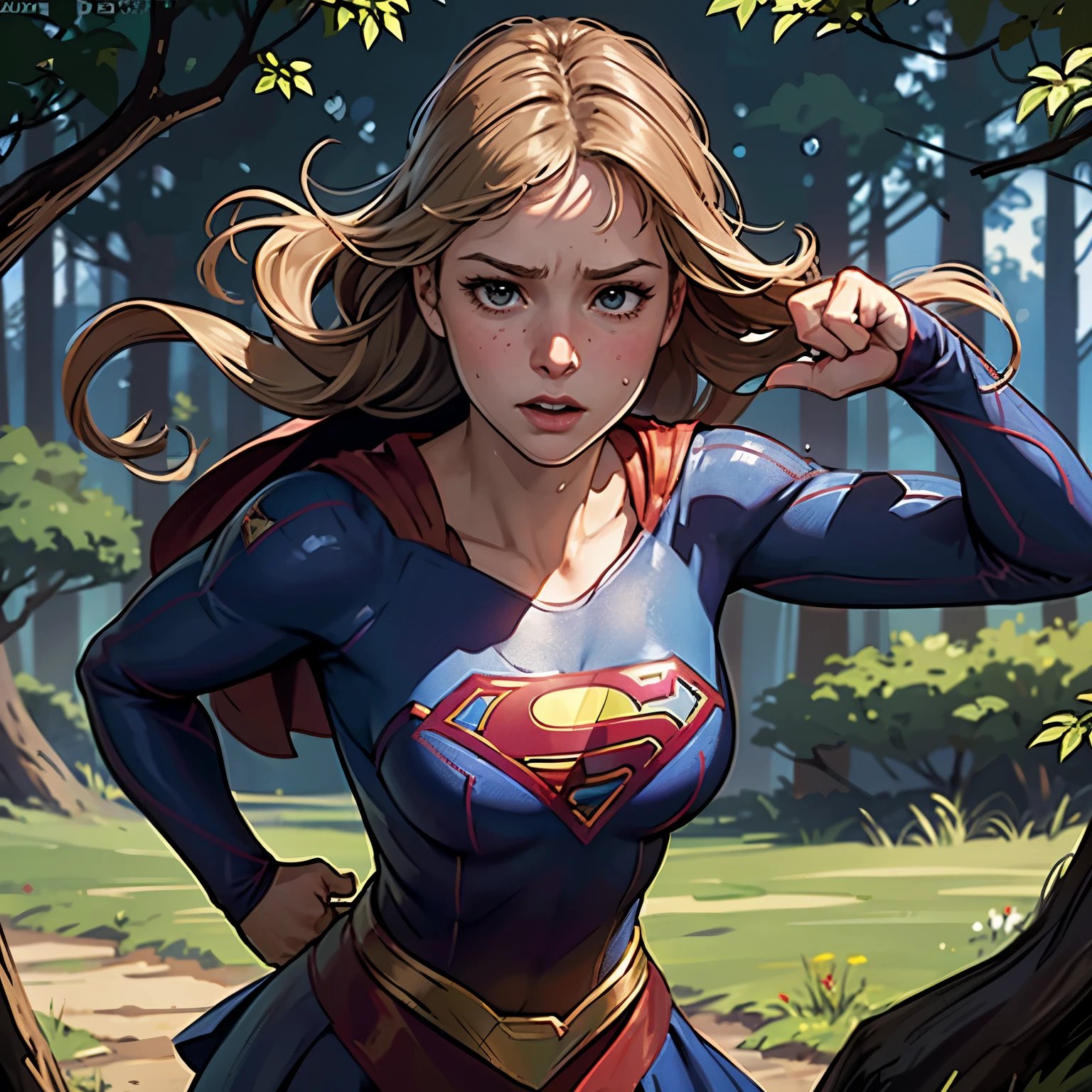 ((highest quality)), ((masterpiece)), (be familiar with), (High definition), (Realistic), (Realistic), (Best Shadow), Low contrast, (Complex:1.4), Side lighting, 8K, ((melissa Benoist)), ((SUPER GIRL)), Perfect Face、Detailed、(Accurate hand and finger depiction)、supergirl women、Blonde、Voluptuous body、(Large Breasts)、Narrow waist、(Big Ass)、Alluring、glamorous、((Putting a hand to your mouth))、(Shame:1.2)、(Embarrassed expression:1.3)、Flushing、sweating、On the grass、in the deep forest、blue sky、Close-up of face