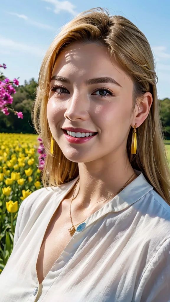 1 25 years old beautiful woman with casual cute hairstyle, A photo of her taken with a large windmill and a huge colorful tulip field in the background, Real raw photo with super detailed details, (Beautiful smooth glossy bright blonde hair woman), A very beautiful bright blonde woman, She blushes and laughs with love, Her face is turned upwards, (Well-cared for beautiful bright blonde hair), 16K Ultra Realistic Portrait taken in super wide angle, She is slim figure top model and famous movie actress, (She has very fine smooth and white skin), Breast enhancement, ((((1 European bright blonde woman)))), (The bright blonde eyebrows are slightly rounded shape), She has bittersweet feeling, Droopy eyes are moist and super thinly opened, Eyes drawn with precision in every detail, Form a gentle curve from cheek to chin, Her thick plump and shiny big lips are half-opened, A person in the center left and right:1.0, The whole head is shown, She is wearing dark colored blouse and simple earrings and a simple necklace, Perfect natural makeup, Professional lighting like movies in her bedroom