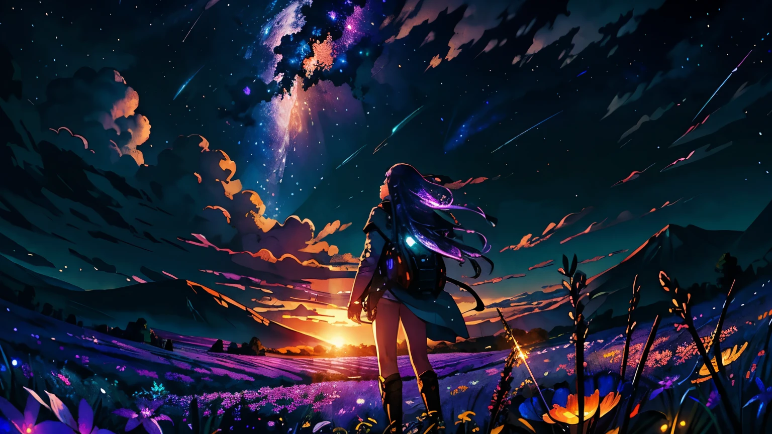 expansive landscape photograph , (a view from below that shows sky above and open field below), a girl standing on flower field looking up, (full moon:1.2), ( shooting stars:0.9), (nebula:1.3), distant mountain, tree BREAK
production art, (warm light source:1.2), (Firefly:1.2), lamp, lot of purple and orange, intricate details, volumetric lighting BREAK
(masterpiece:1.2), (best quality), 4k, ultra-detailed, (dynamic composition:1.4), highly detailed, colorful details,( iridescent colors:1.2), (glowing lighting, atmospheric lighting), dreamy, magical, (solo:1.2)