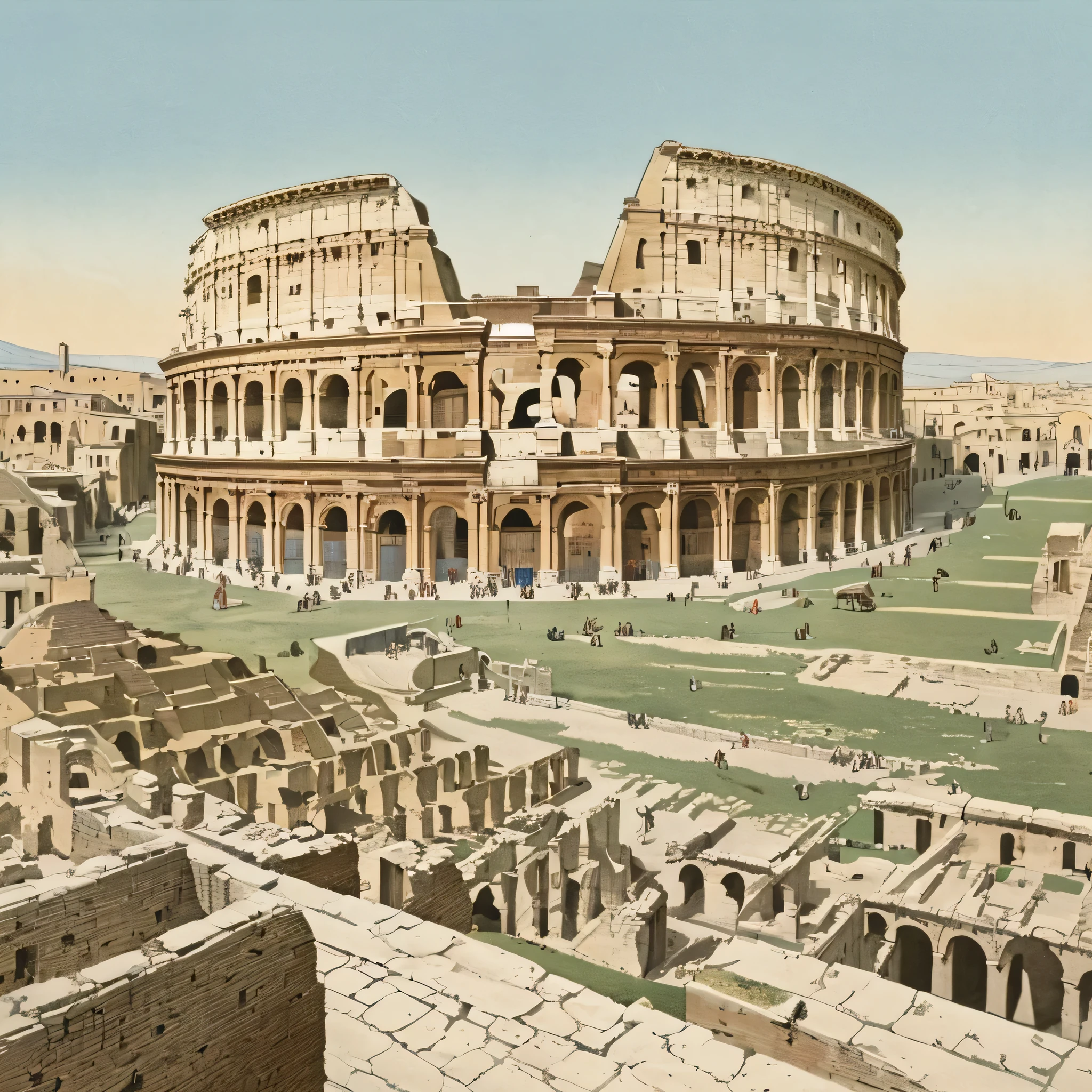 illustrations of historic ancient buildings with colored images