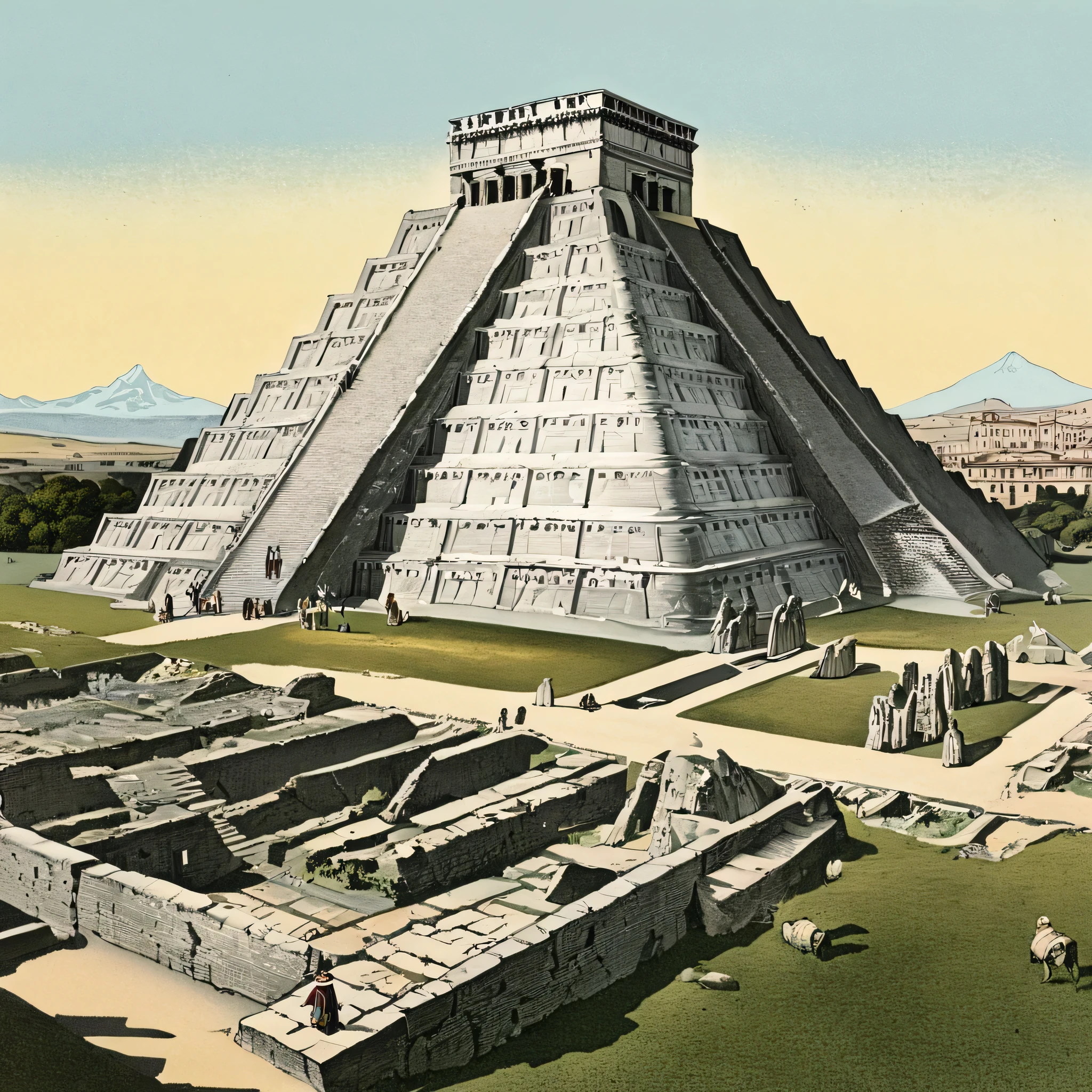 illustrations of historic ancient buildings with colored images