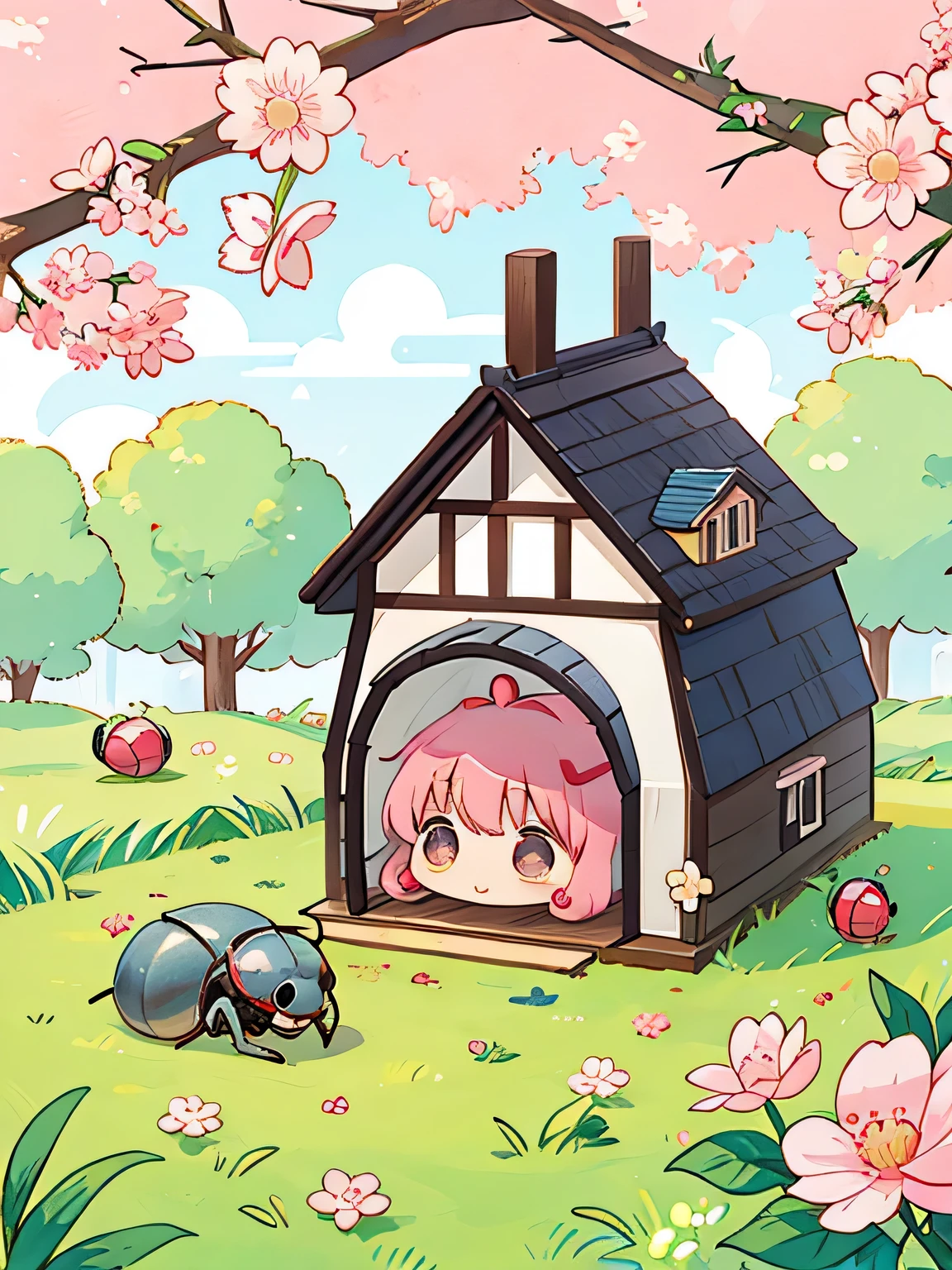 Momoko Sakura style, Kawaii Design, Chibi, house, beautiful spring afternoon、Lots of friendy pillbugs、lovely colorful pillbug,