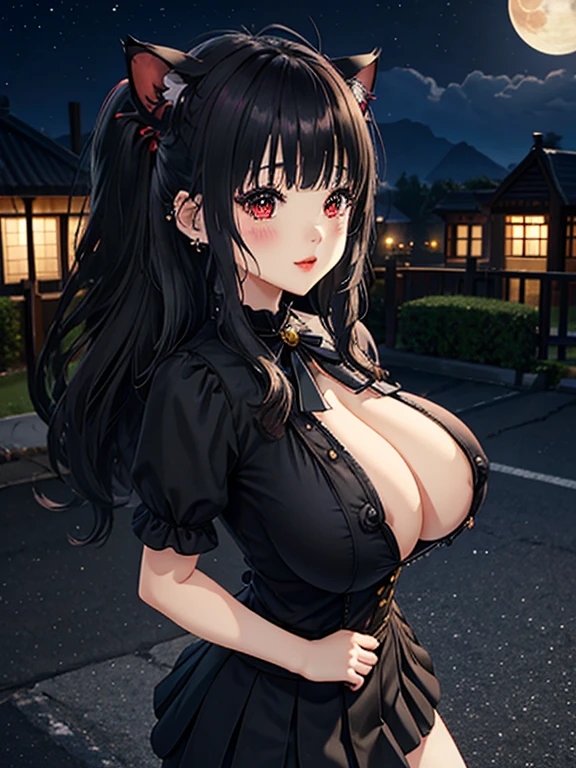 20-year-old woman、,((A little wavy、Long hair just below the shoulders, Black bangs, Small black pigtails on either side, Cute cat ears, Beautiful pale red eyes,)),(masterpiece:1.4)、(premium:1.4)、(True Face:1.2)、(real skin:1.1)、Ultra-high resolution、Surrealist、high definition、Brown eyes、Black short bob、Earrings、black collar shirt、Skirt for him、(Huge breasts:1.5)、Stand facing forward、Laughter、On the roof、night、Super giant moon、More than half of the screen is the moon.、night景