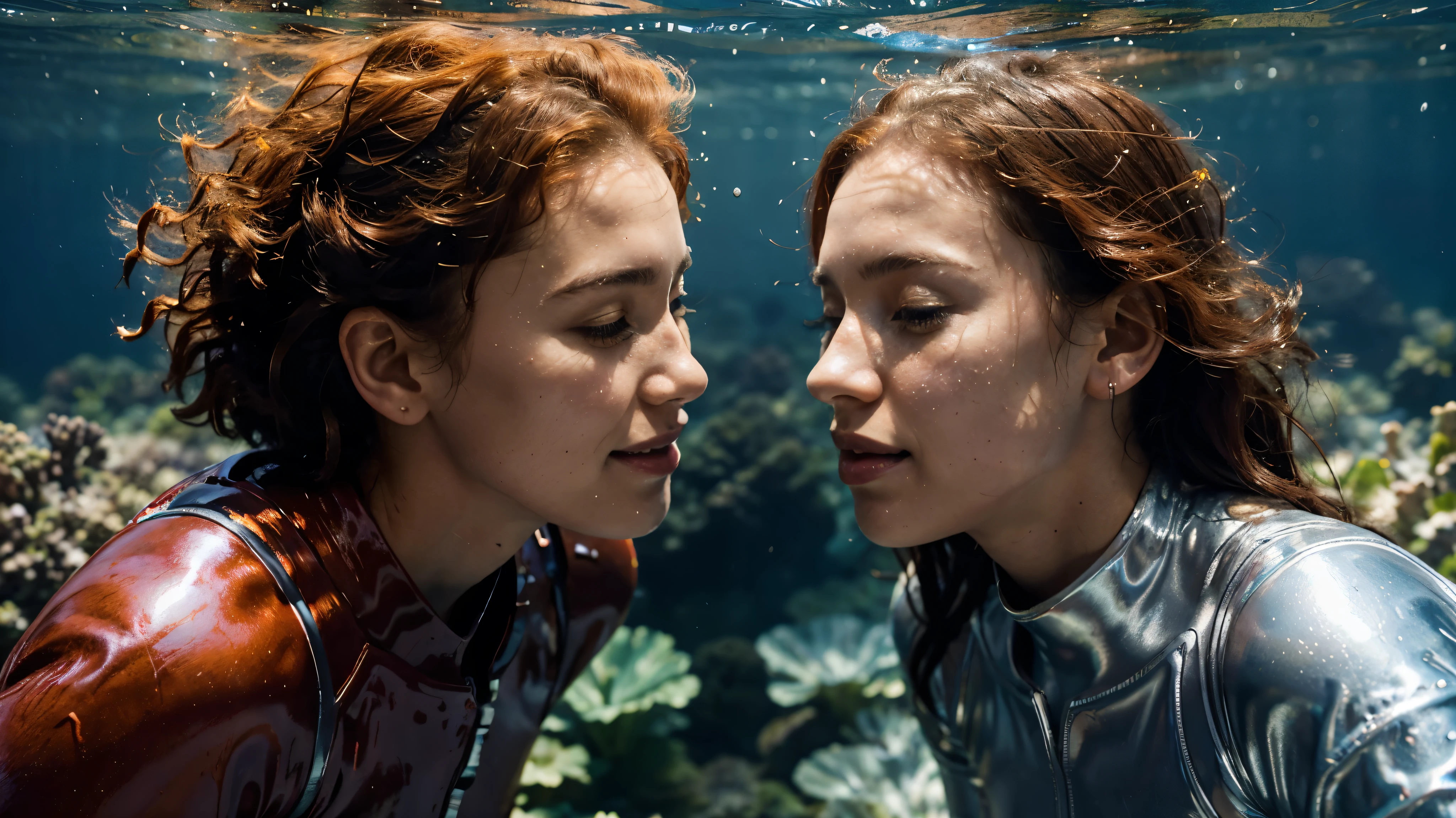 Two smiling 24-year-old girls kissing. One girl is a tall and slender white English woman with thick curly red hair, dressed in silver shiny diving suit with "IKARIE XB1" patch floats underwater, the other girl is a shorter black African woman adorned with traditional coloured beads. A beautiful underwater photograph of the whole figures with a shot from below, full of reflections from the water surface in high resolution and close-up. Full of colorful plants and flowers in natural light. Nikon z9 camera with NIKKOR Z 14-24mm f/2.8 S lens in underwater wide-angle housing