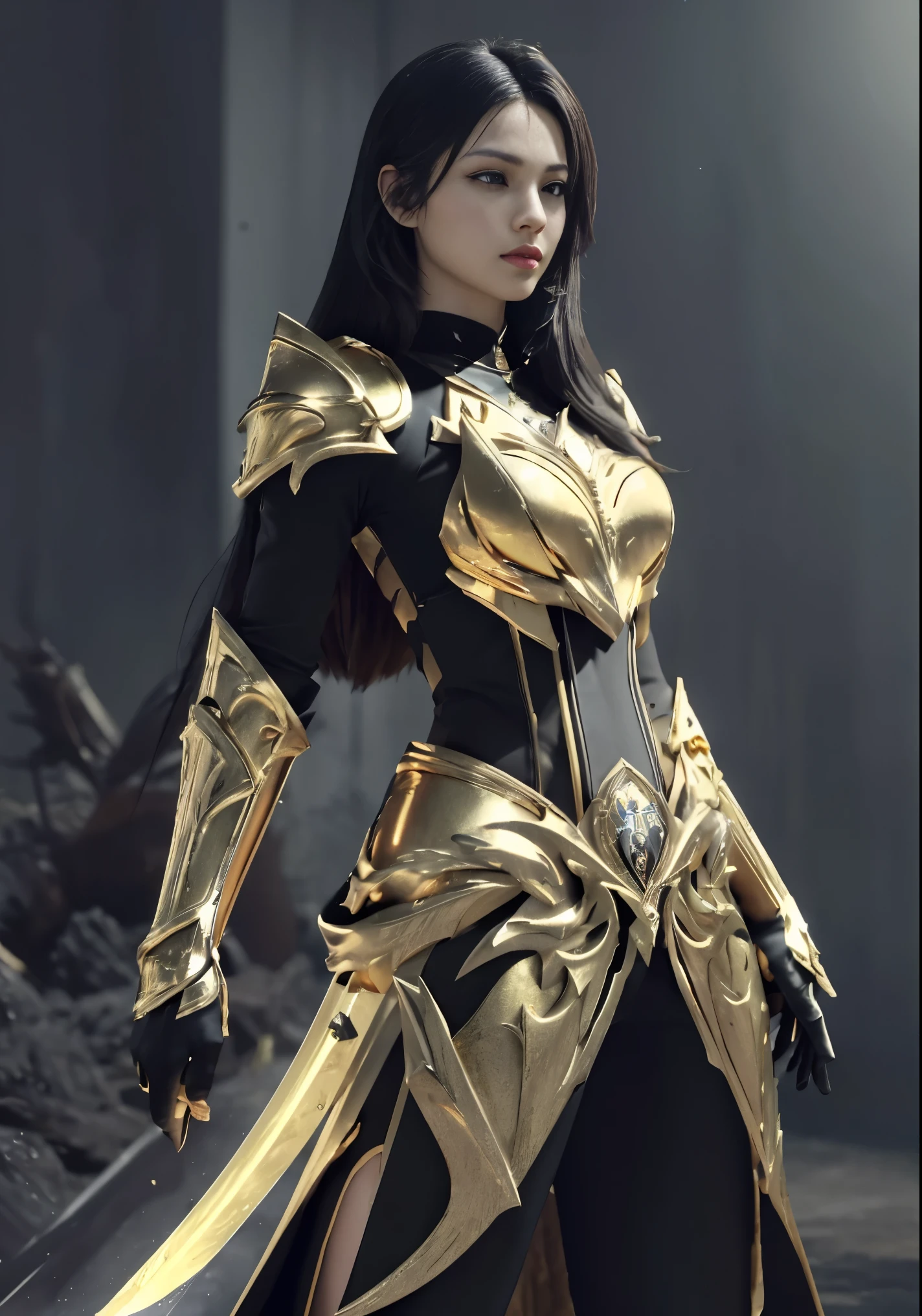 Design layout to showcase game characters, A fighter. Golden+Black Armor, Stylish and unique. Detailed greatsword. (masterpiece:1.2), (best quality), 4K, Super detailed, (Dynamic Synthesis: 1.4), Step-by-step design, The Art of Layout,(Luminous lighting, Mood lighting), gloomy, magic, (((Gloves full hands))),