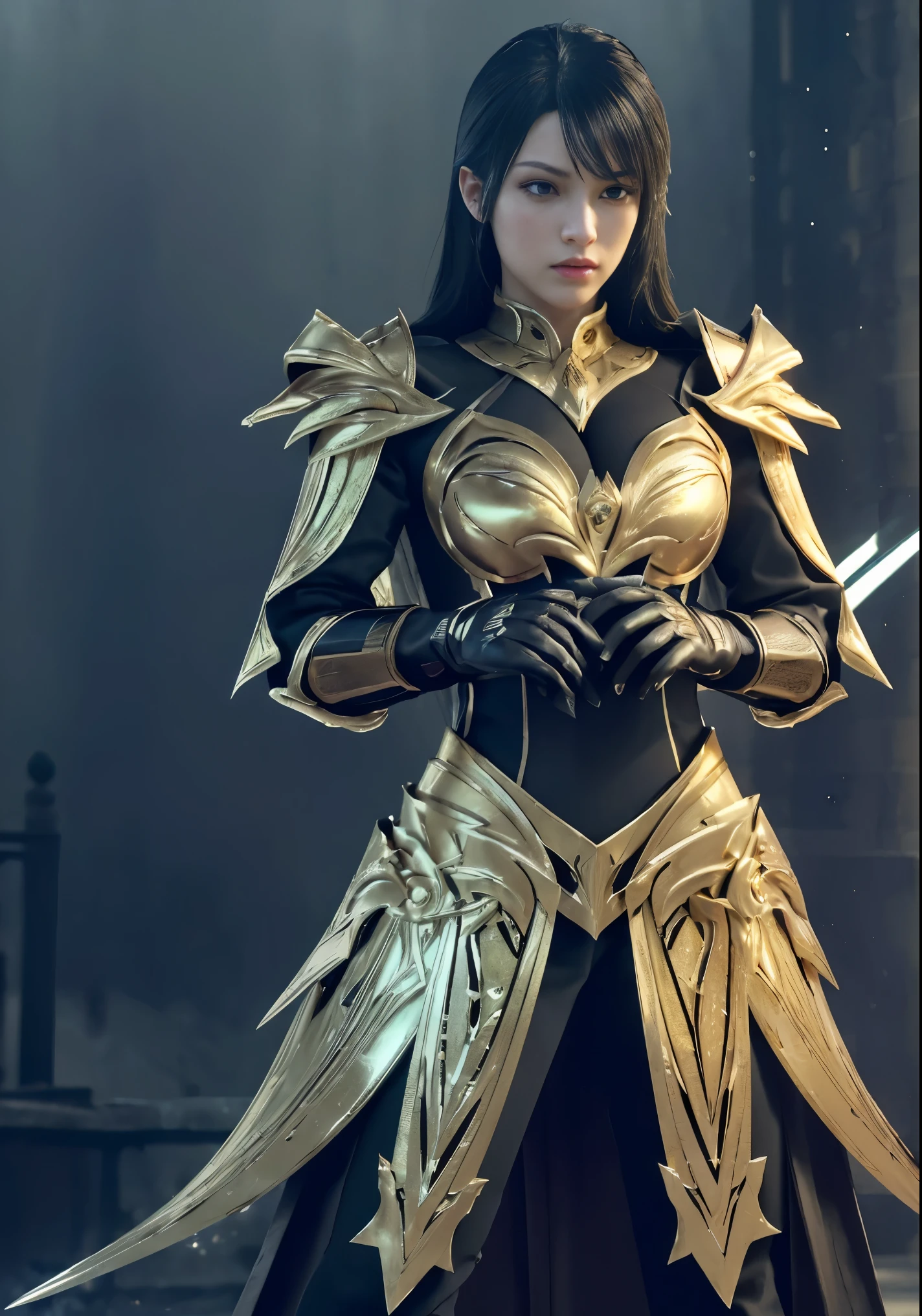 Design layout to showcase game characters, A fighter. Golden+Black Armor, Stylish and unique. Detailed greatsword. (masterpiece:1.2), (best quality), 4K, Super detailed, (Dynamic Synthesis: 1.4), Step-by-step design, The Art of Layout,(Luminous lighting, Mood lighting), gloomy, magic, (((Gloves full hands))),